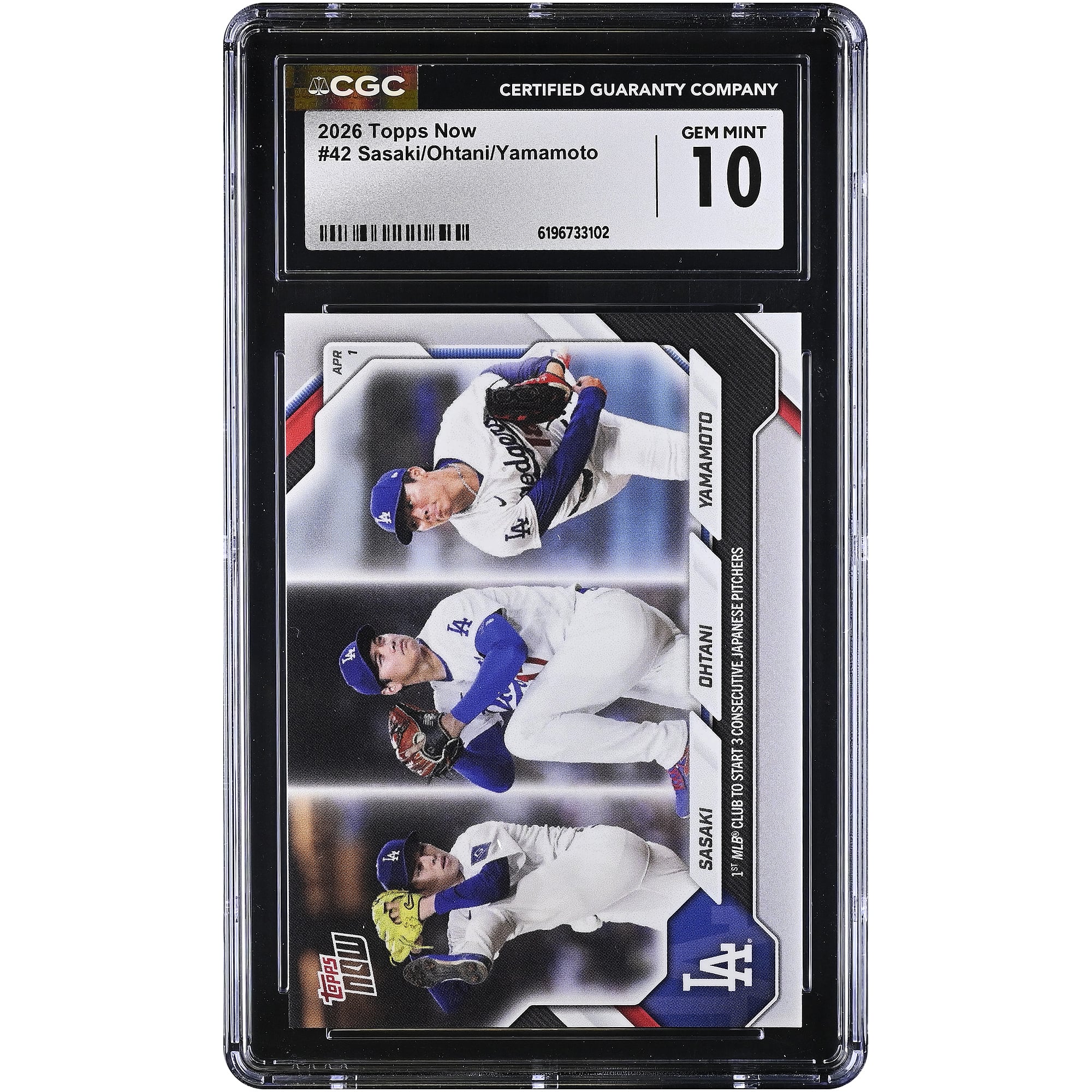 Yoshinobu Yamamoto, Shohei Ohtani & Roki Sasaki Los Angeles Dodgers 2026 Topps Now 1st MLB Club to Start 3 Consecutive Japanese Pitchers #42 CGC Authenticated G. rookie card picture
