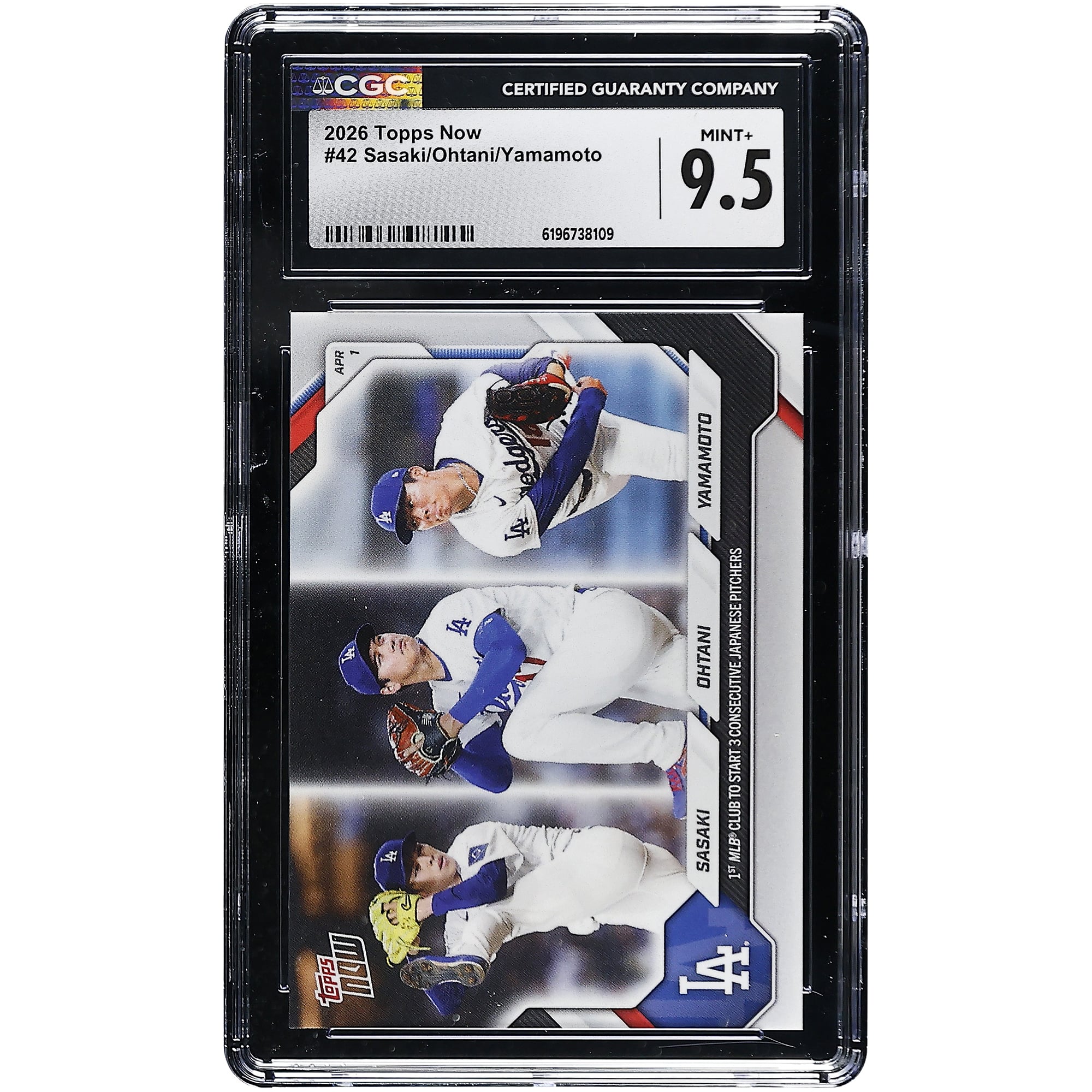 Yoshinobu Yamamoto, Shohei Ohtani & Roki Sasaki Los Angeles Dodgers 2026 Topps Now 1st MLB Club to Start 3 Consecutive Japanese Pitchers #42 CGC Authenticated M. rookie card picture