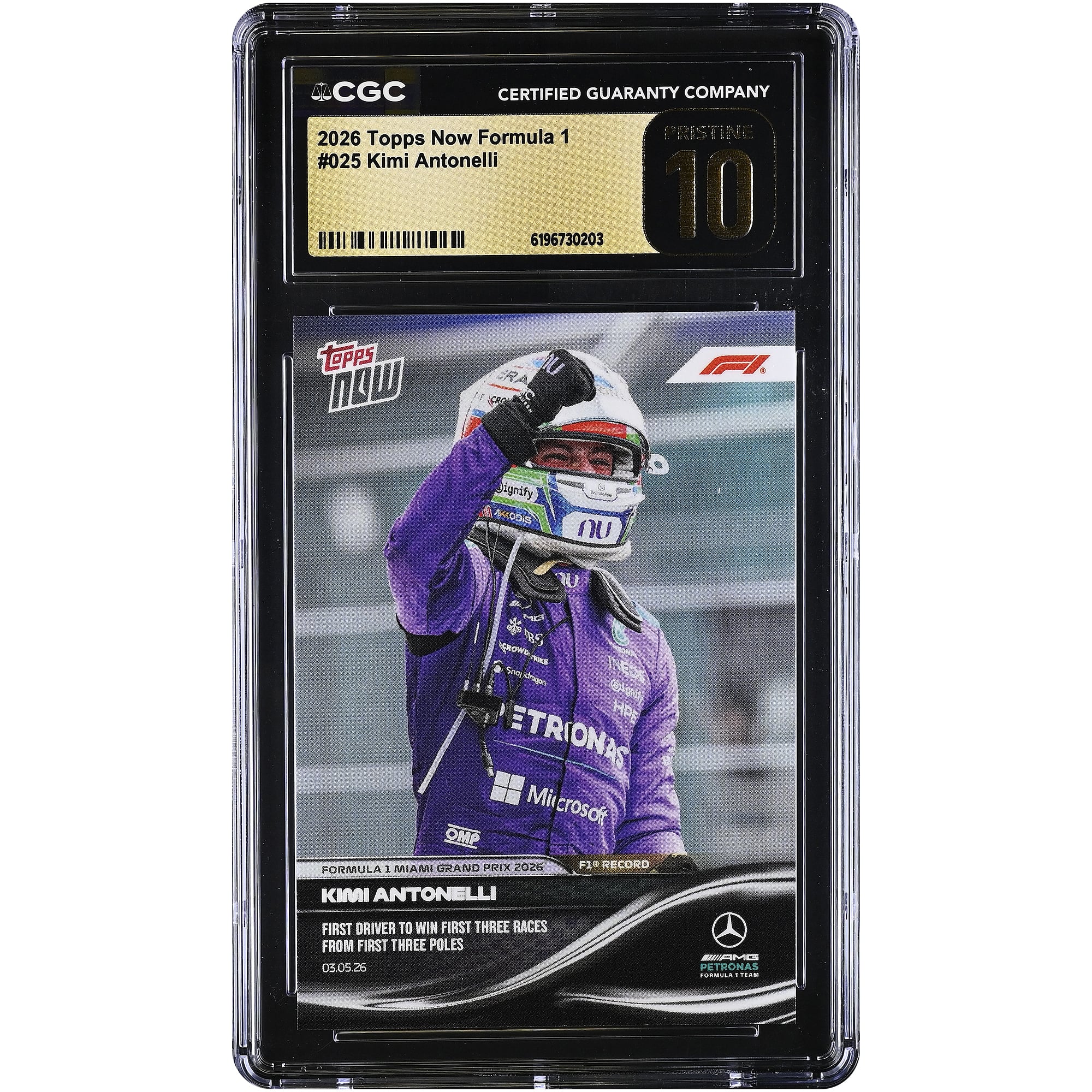 Kimi Antonelli Mercedes-AMG Petronas F1 Team 2026 Topps Now Formula 1 First Driver to Win First Three Races From First Three Poles #25 CGC Authenticated PRISTINE 10 Card