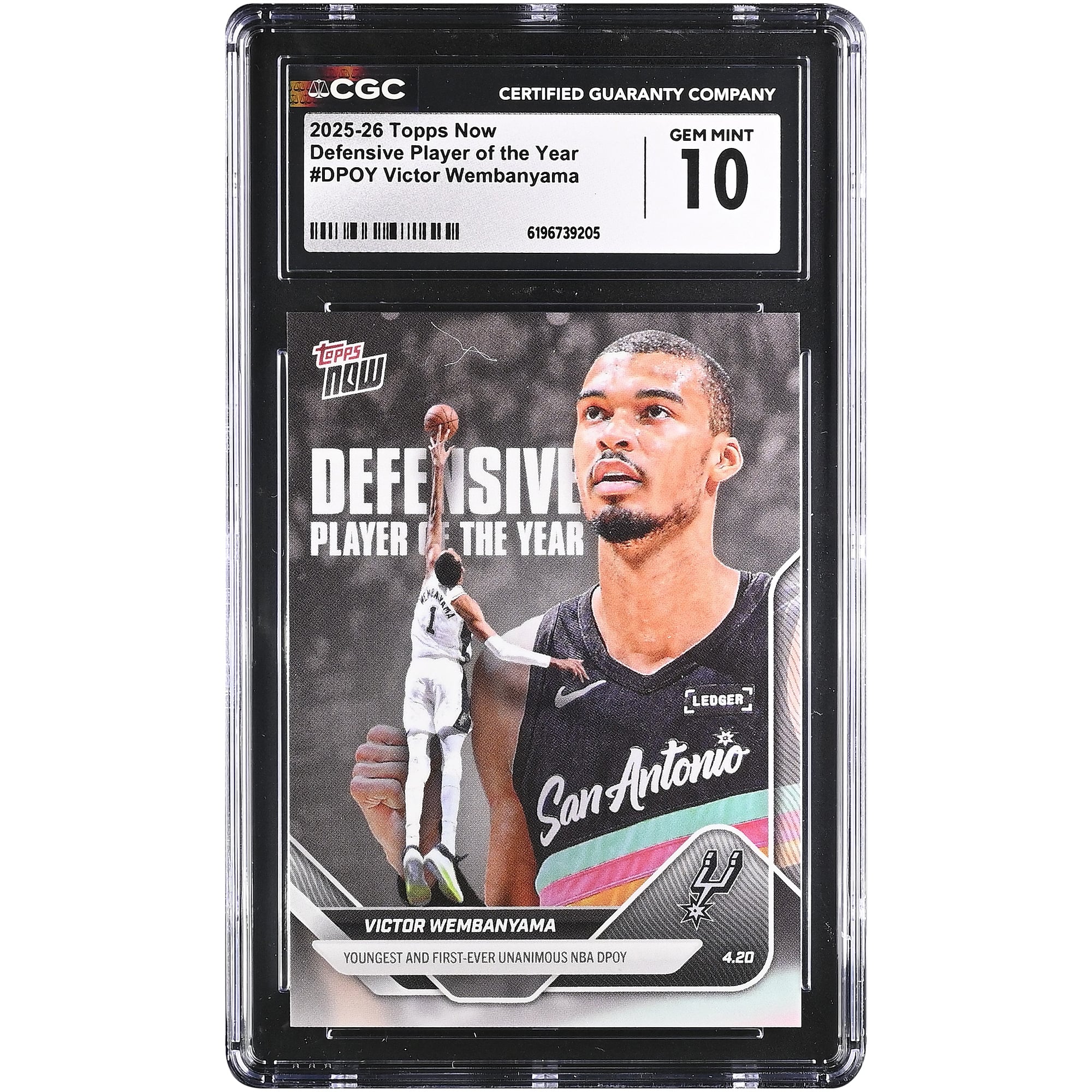 Victor Wembanyama San Antonio Spurs 2025-26 Topps Now Defensive Player of the Year #DPOY CGC Authenticated GEM MINT 10 Card. rookie card picture