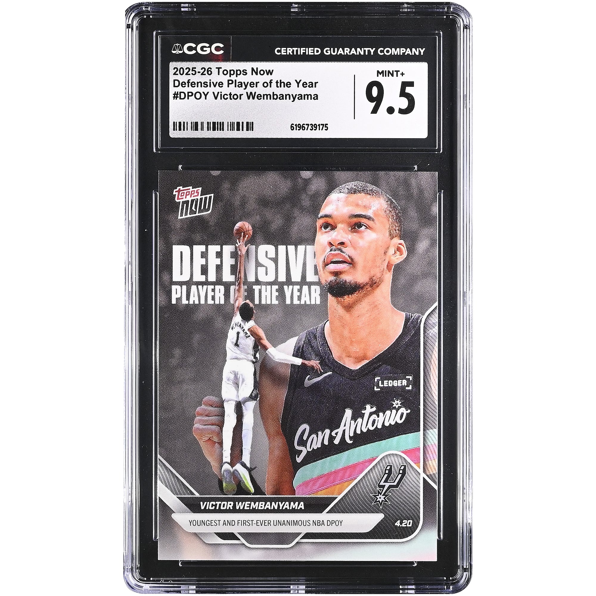 Victor Wembanyama San Antonio Spurs 2025-26 Topps Now Defensive Player of the Year #DPOY CGC Authenticated MINT+ 9.5 Card. rookie card picture
