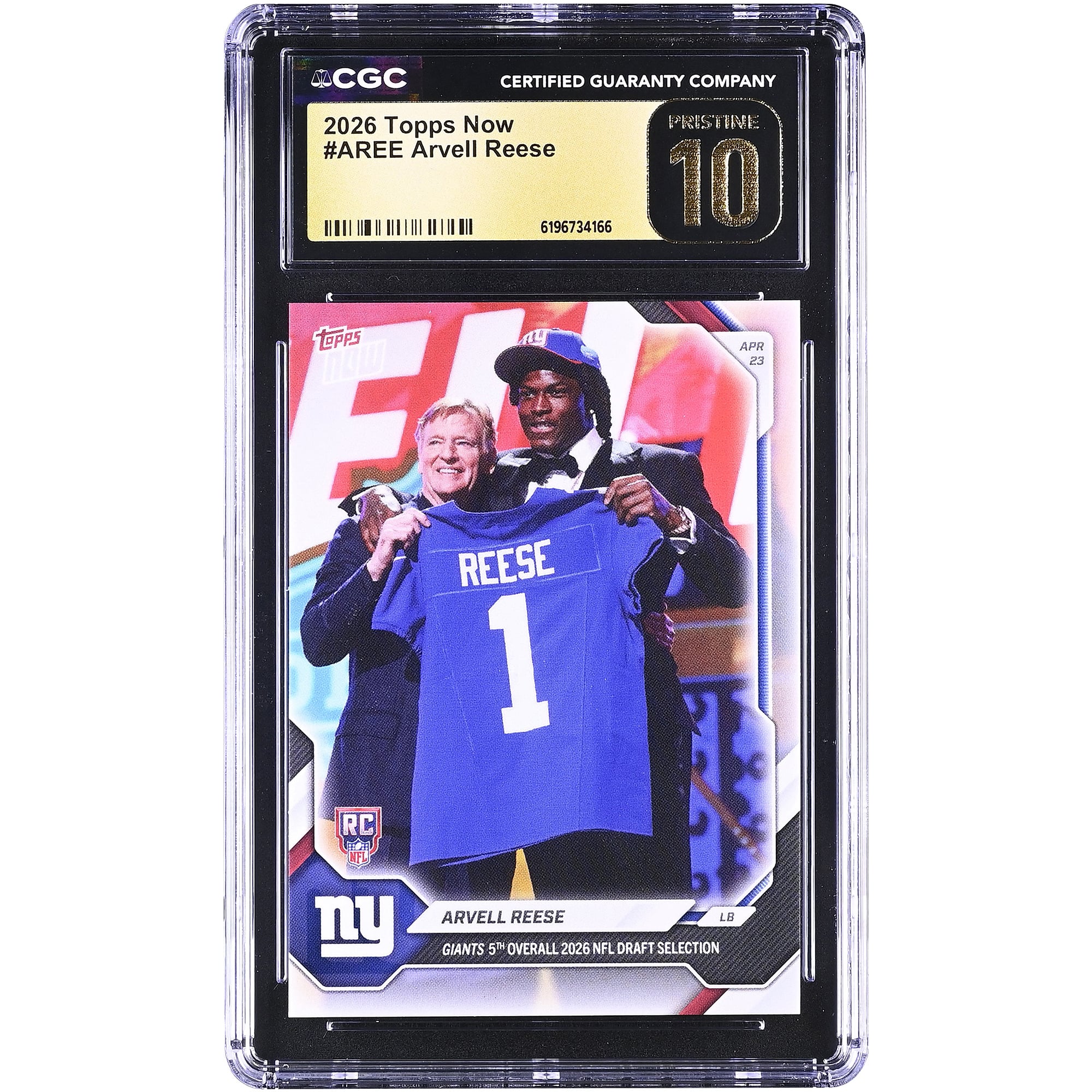 Arvell Reese New York Giants 2026 Topps Now Giants 5th Overall '26 NFL Draft Selection #AREE CGC Authenticated PRISTINE 10 Rookie Card