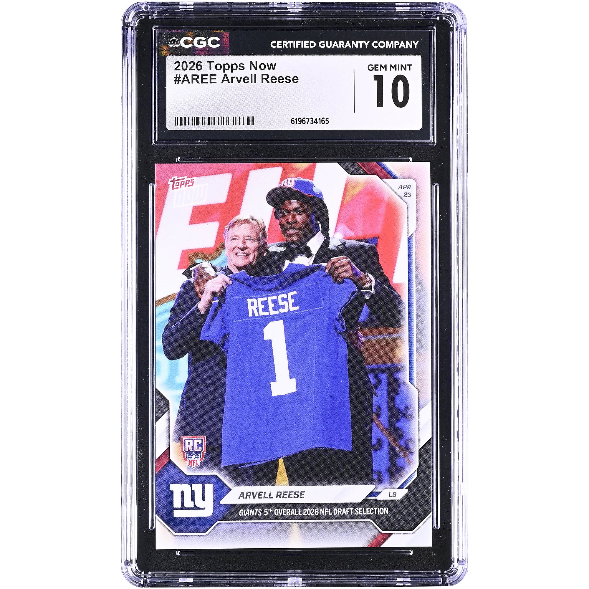 Arvell Reese New York Giants 2026 Topps Now Giants 5th Overall '26 NFL Draft Selection #AREE CGC Authenticated GEM MINT 10 Rookie Card