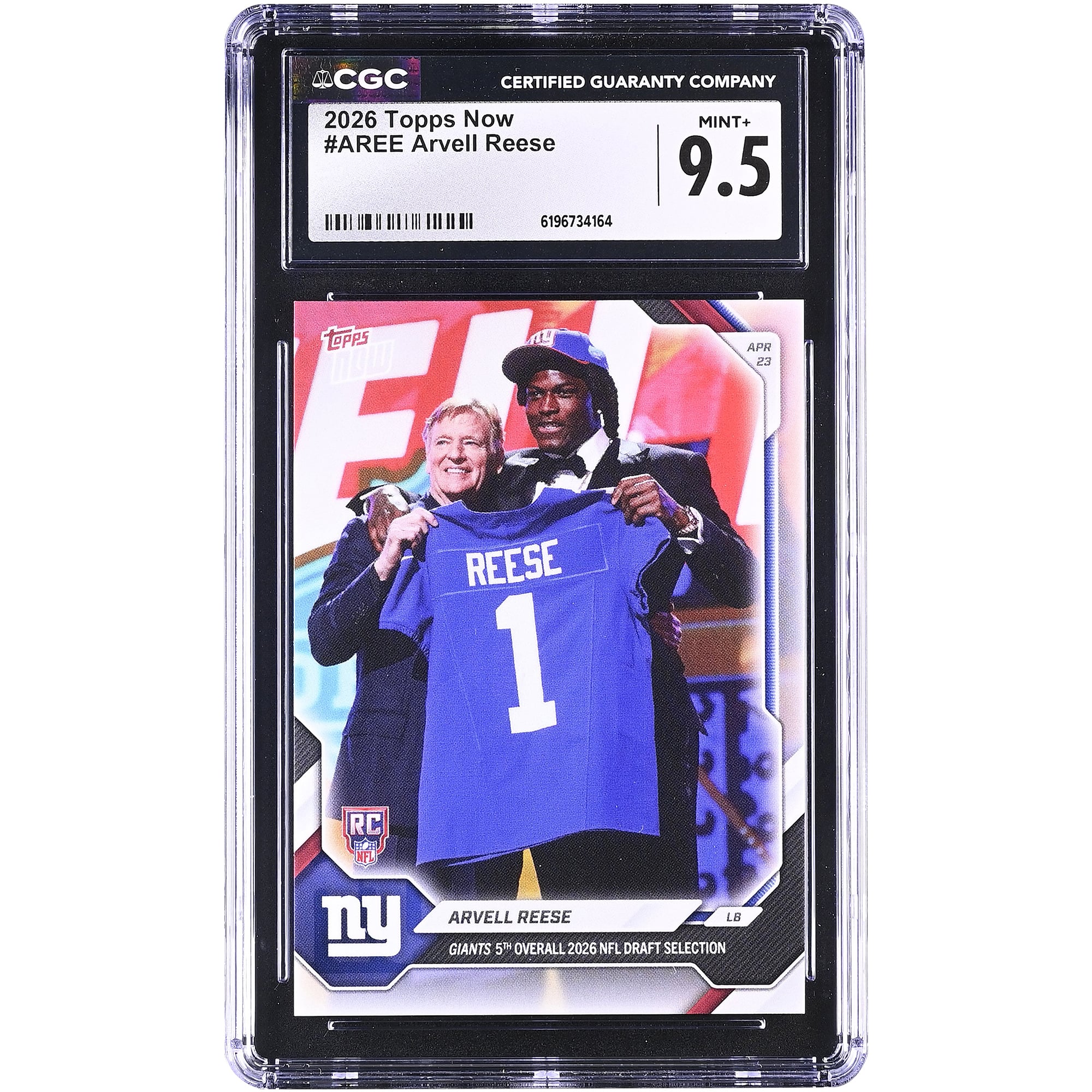 Arvell Reese New York Giants 2026 Topps Now Giants 5th Overall '26 NFL Draft Selection #AREE CGC Authenticated MINT+ 9.5 Rookie Card