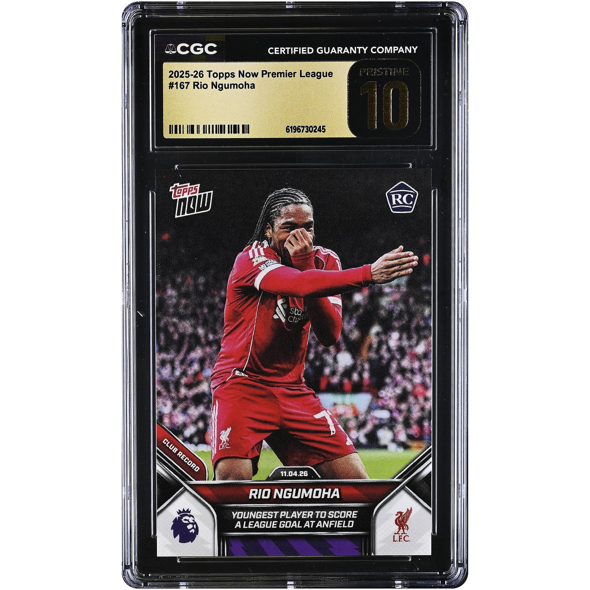 Rio Ngumoha Liverpool 2025-26 Topps Now Premier League Youngest Player to Score a League Goal at Anfield #167 CGC Authenticated PRISTINE 10 Rookie Card