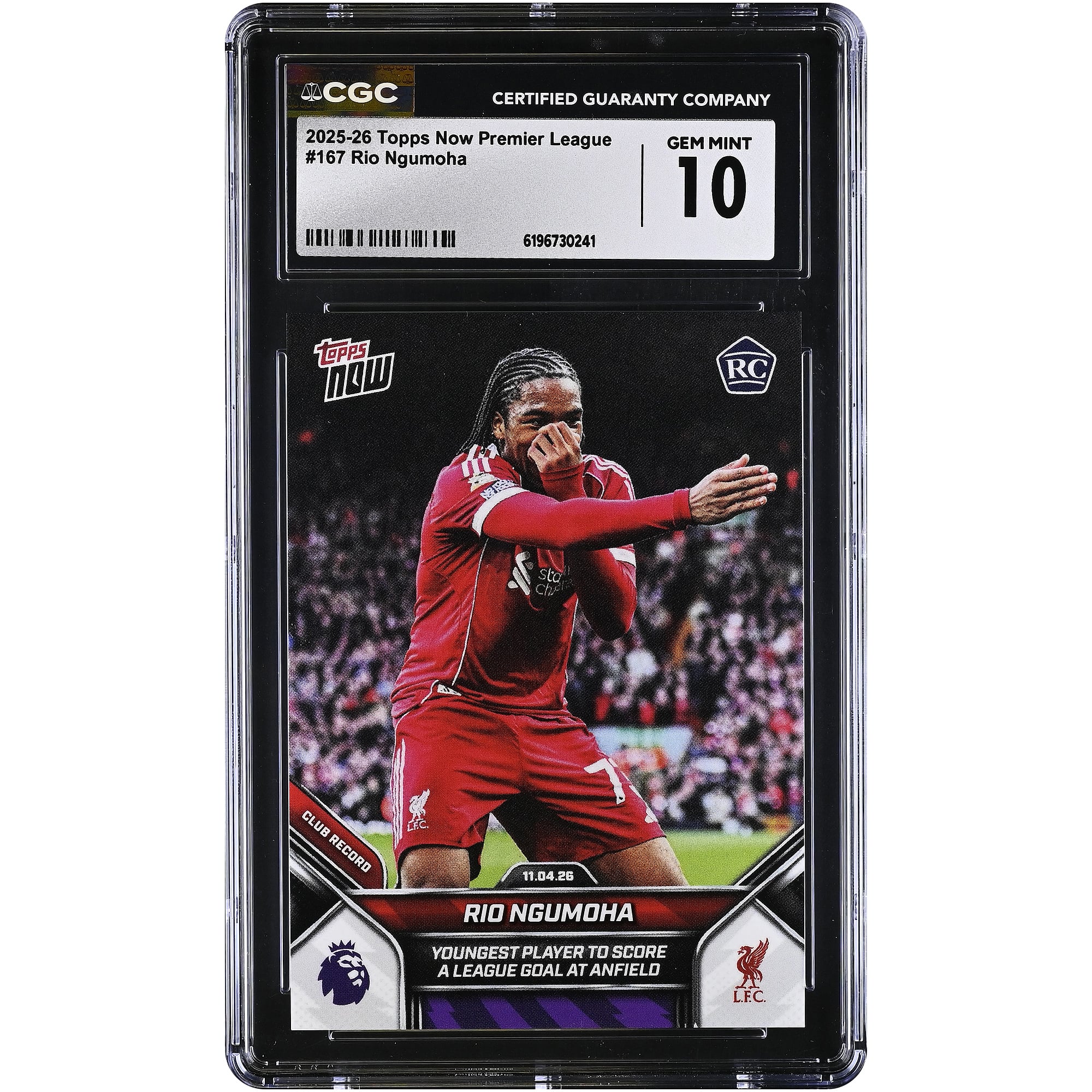 Rio Ngumoha Liverpool 2025-26 Topps Now Premier League Youngest Player to Score a League Goal at Anfield #167 CGC Authenticated GEM MINT 10 Rookie Card