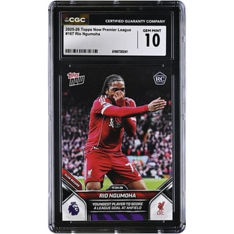 Rio Ngumoha Liverpool 2025-26 Topps Now Premier League Youngest Player to Score a League Goal at Anfield #167 CGC Authenticated GEM MINT 10 Rookie Card