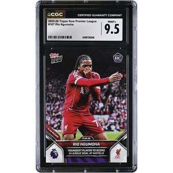 Rio Ngumoha Liverpool 2025-26 Topps Now Premier League Youngest Player to Score a League Goal at Anfield #167 CGC Authenticated MINT+ 9.5 Rookie Card