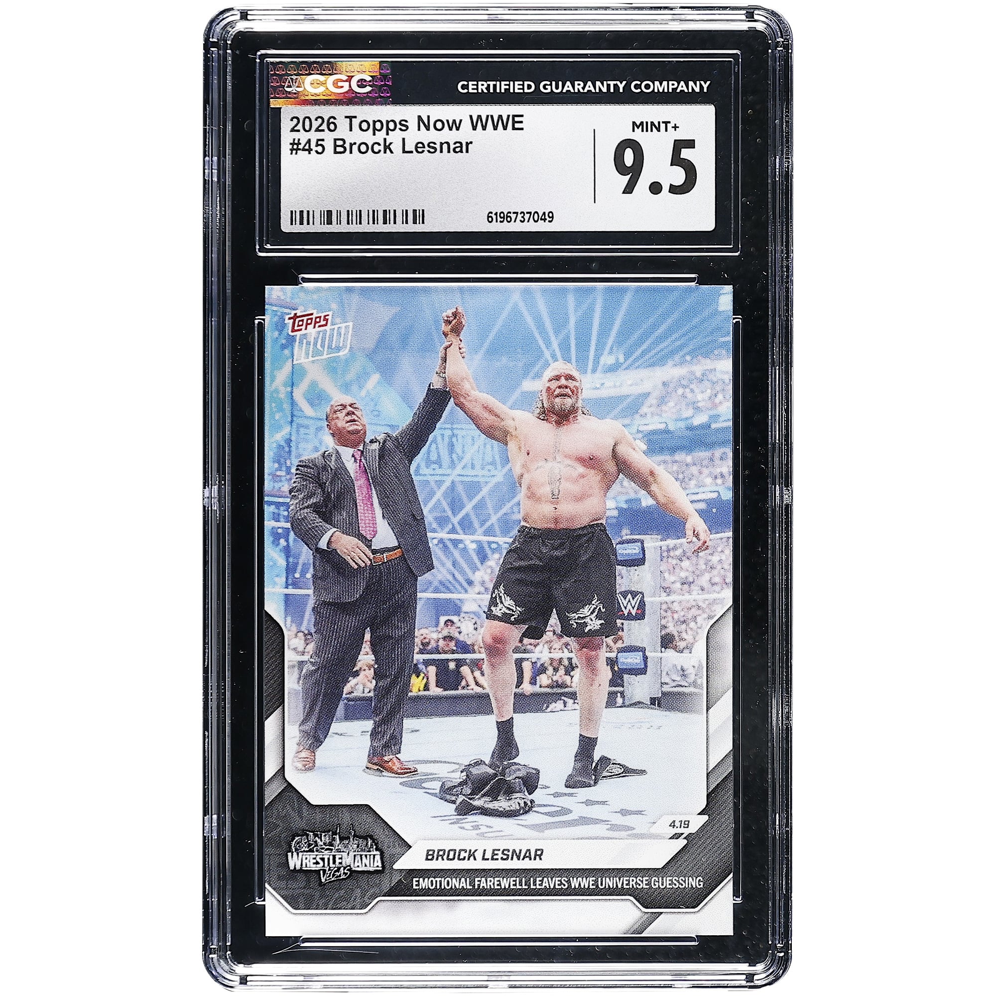 Brock Lesnar WWE 2026 Topps Now WWE Emotional Farewell Leaves WWE Universe Guessing #45 CGC Authenticated MINT+ 9.5 Card