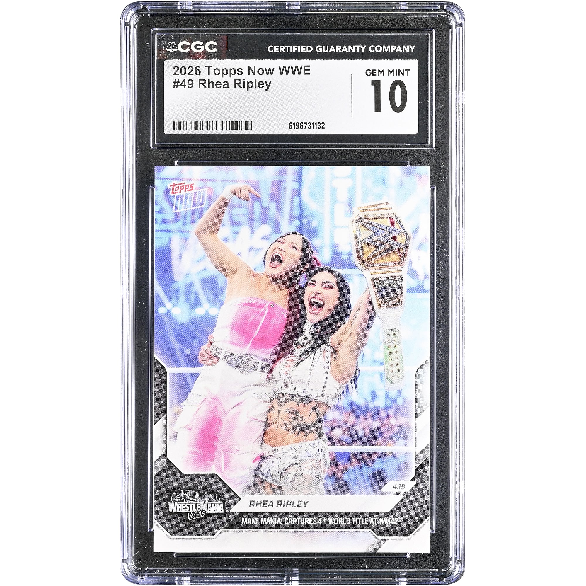 Rhea Ripley WWE 2026 Topps Now WWE Mami Mania! Captures 4th World Title at WM42 #49 CGC Authenticated GEM MINT 10 Card
