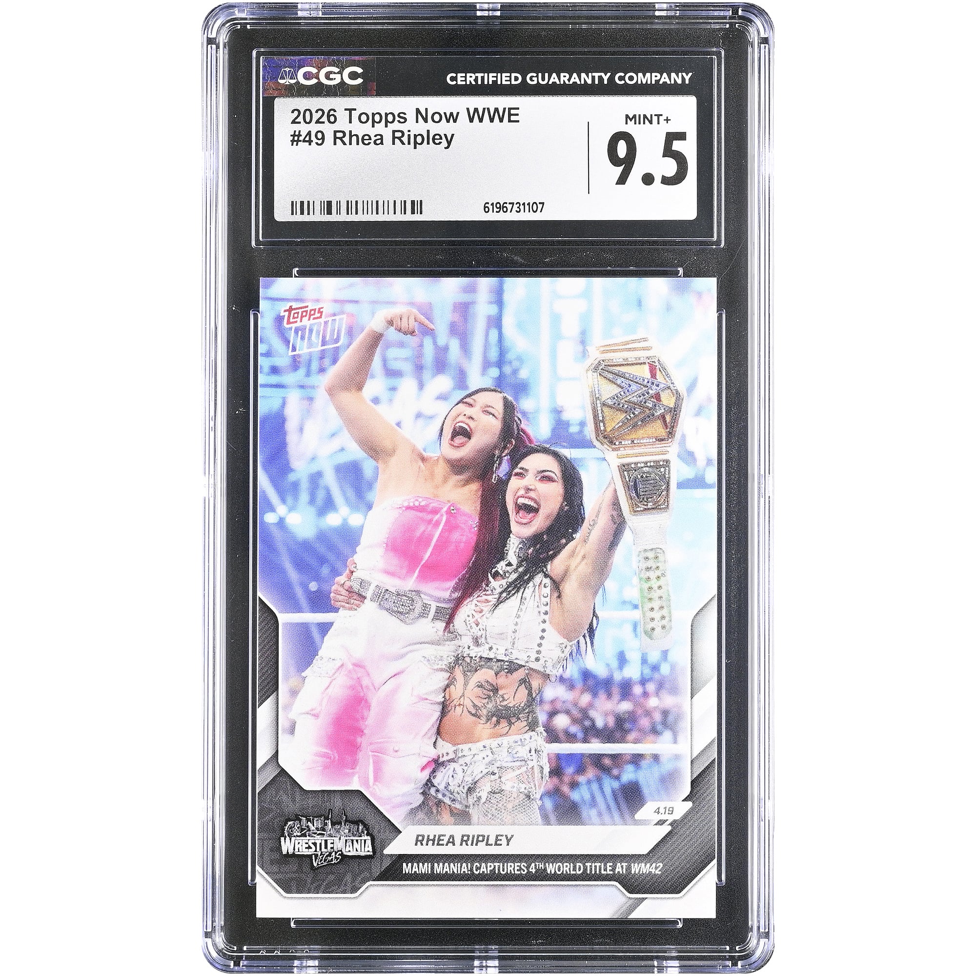 Rhea Ripley WWE 2026 Topps Now WWE Mami Mania! Captures 4th World Title at WM42 #49 CGC Authenticated MINT+ 9.5 Card