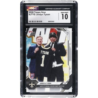 Jordyn Tyson New Orleans Saints 2026 Topps Now Saints 8th Overall '26 NFL Draft Selection #JTYS CGC Authenticated GEM MINT 10 Rookie Card