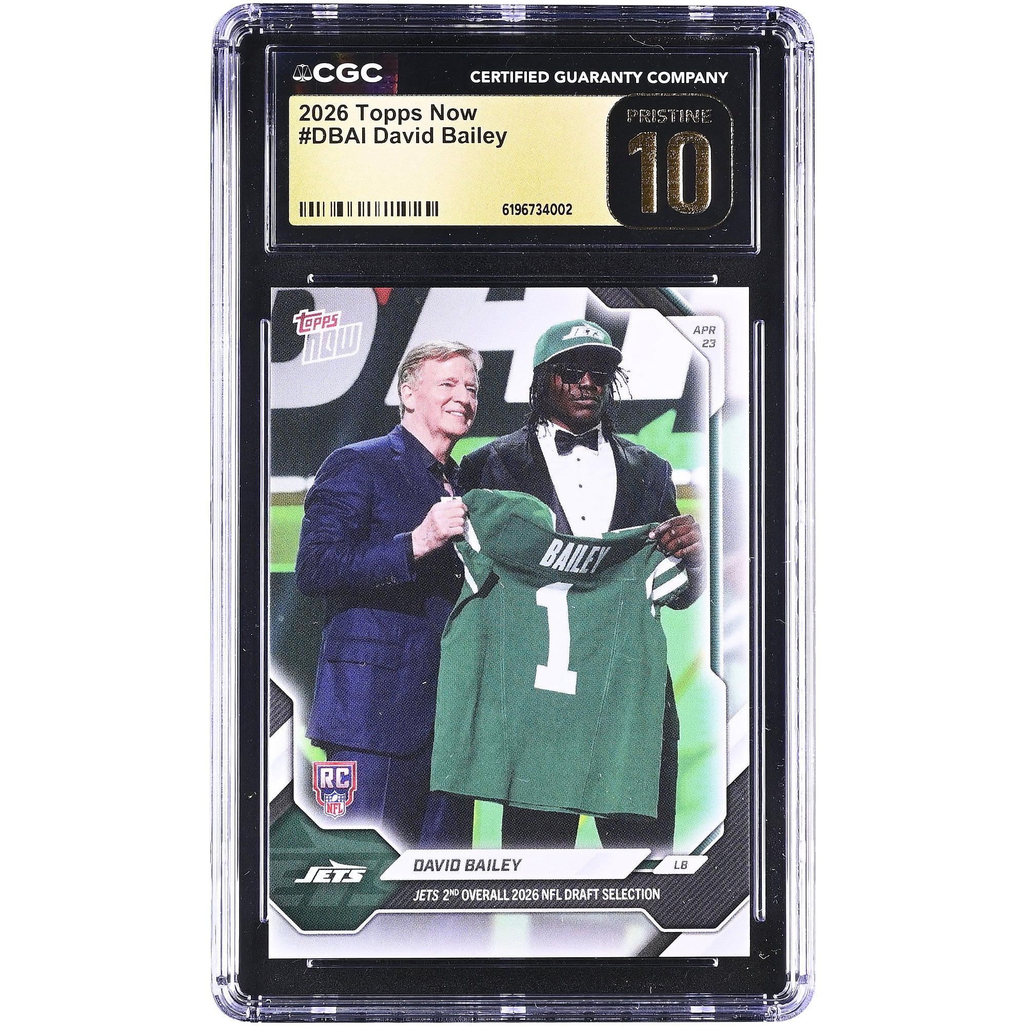 David Bailey New York Jets 2026 Topps Now Jets 2nd Overall '26 NFL Draft Selection #DBAI CGC Authenticated PRISTINE 10 Rookie Card