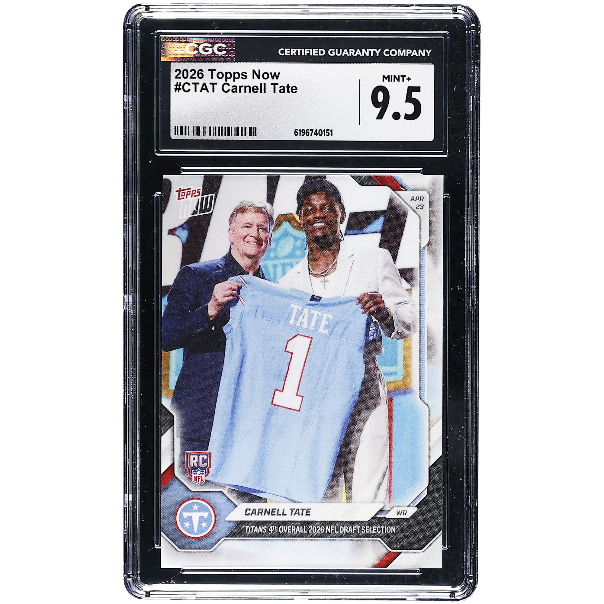 Carnell Tate Tennessee Titans 2026 Topps Now Titans 4th Overall '26 NFL Draft Selection #CTAT CGC Authenticated MINT+ 9.5 Rookie Card