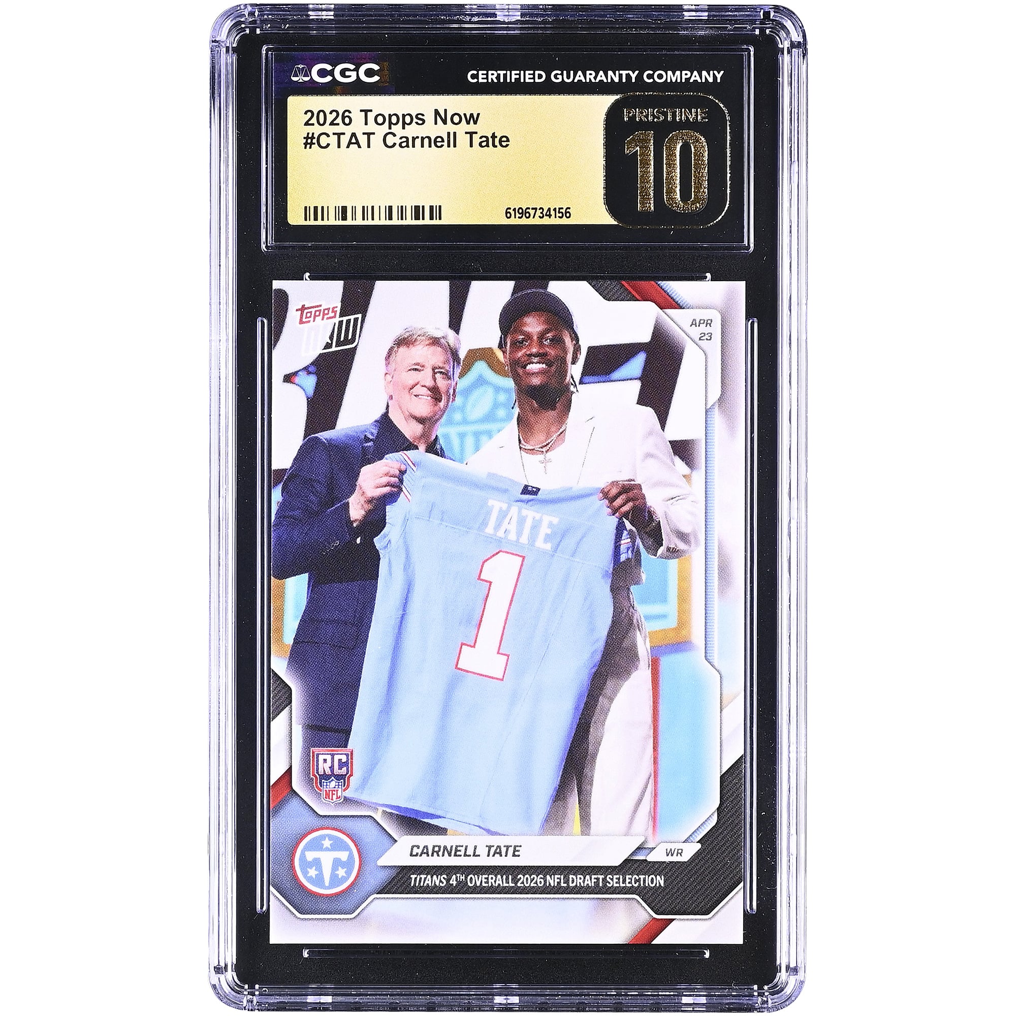 Carnell Tate Tennessee Titans 2026 Topps Now Titans 4th Overall '26 NFL Draft Selection #CTAT CGC Authenticated PRISTINE 10 Rookie Card