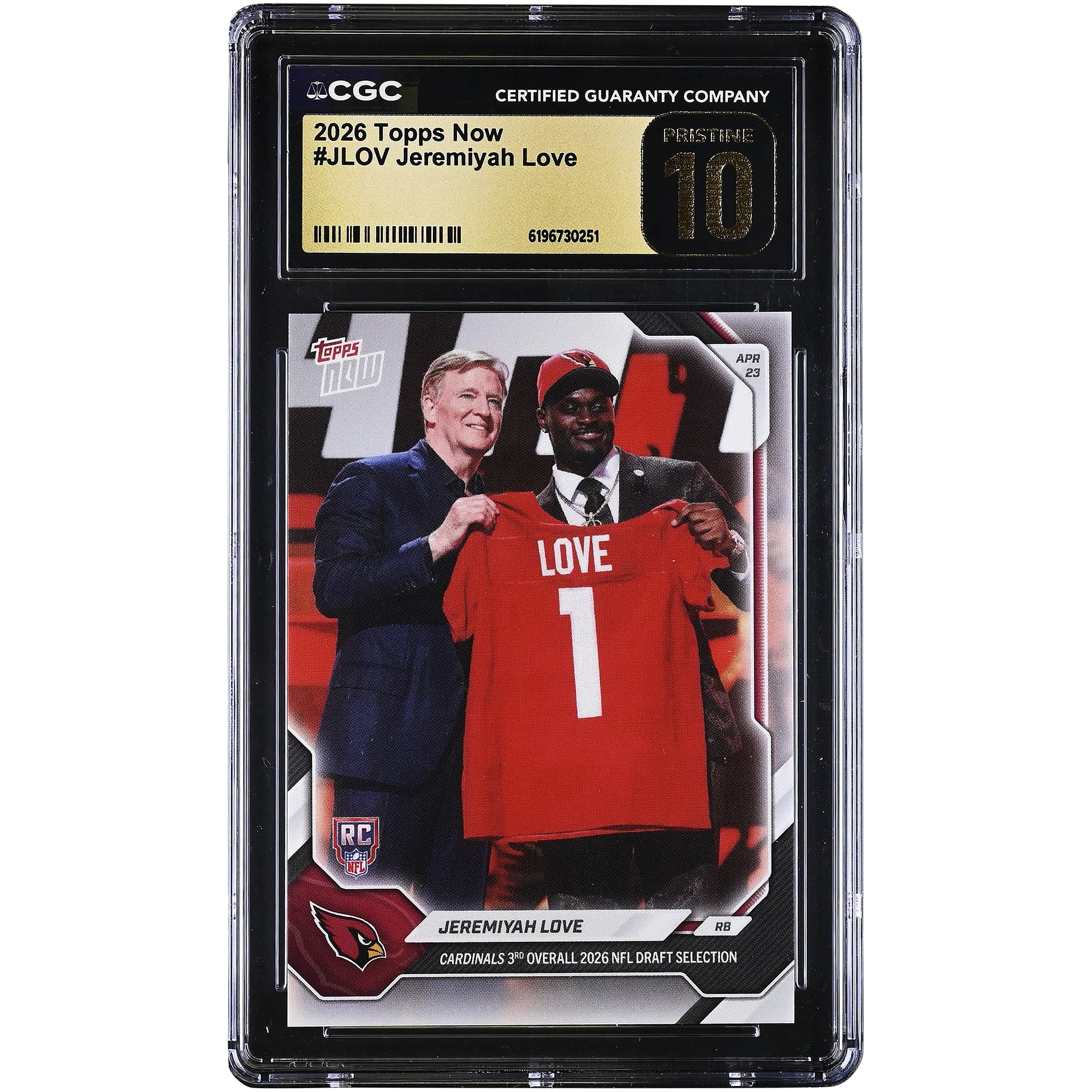 Jeremiyah Love Arizona Cardinals 2026 Topps Now Cardinals 3rd Overall '26 NFL Draft Selection #JLOV CGC Authenticated PRISTINE 10 Rookie Card