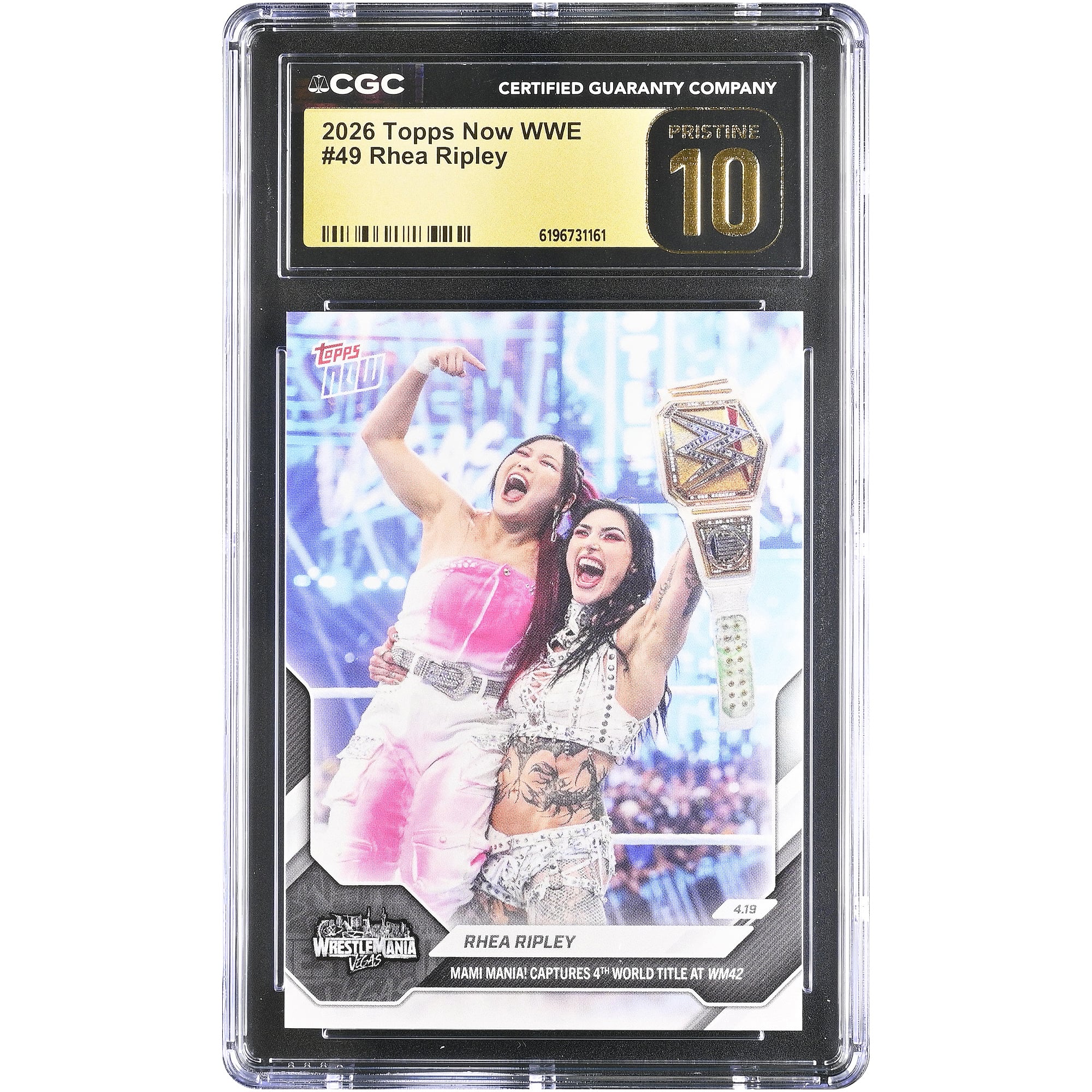 Rhea Ripley WWE 2026 Topps Now WWE Mami Mania! Captures 4th World Title at WM42 #49 CGC Authenticated PRISTINE 10 Card