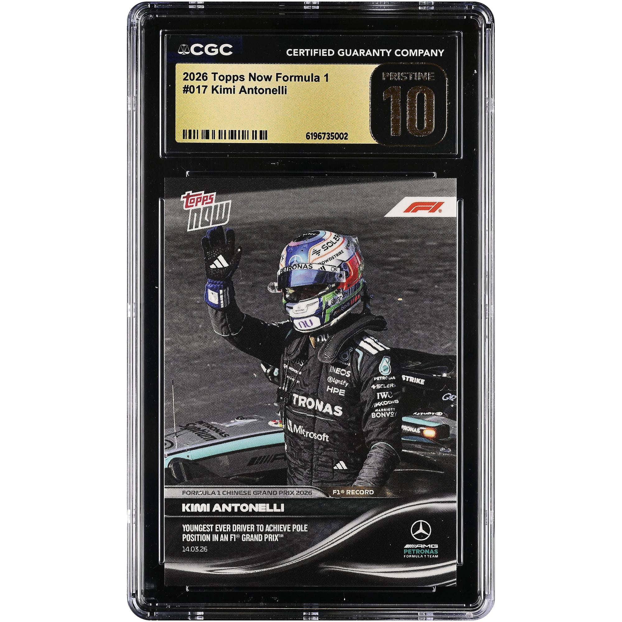 Kimi Antonelli Mercedes-AMG Petronas F1 Team 2026 Topps Now Formula 1 Youngest Ever Driver to Achieve Pole Position in an F1 Grand Prix #17 CGC Authenticated PRISTINE 10 Card