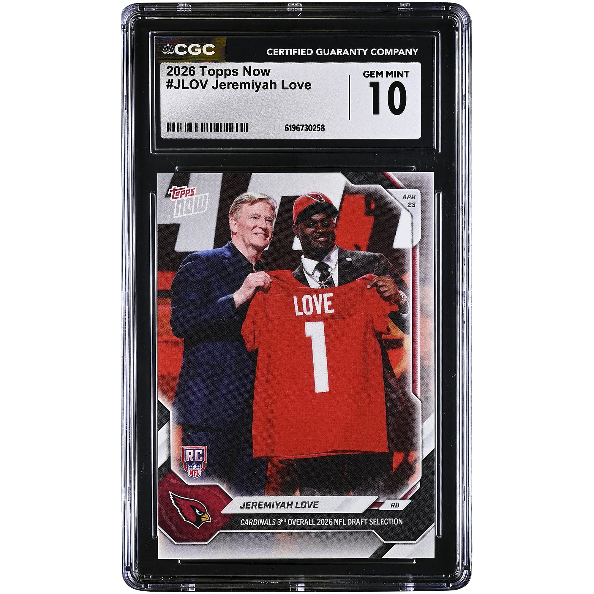 Jeremiyah Love Arizona Cardinals 2026 Topps Now Cardinals 3rd Overall '26 NFL Draft Selection #JLOV CGC Authenticated GEM MINT 10 Rookie Card