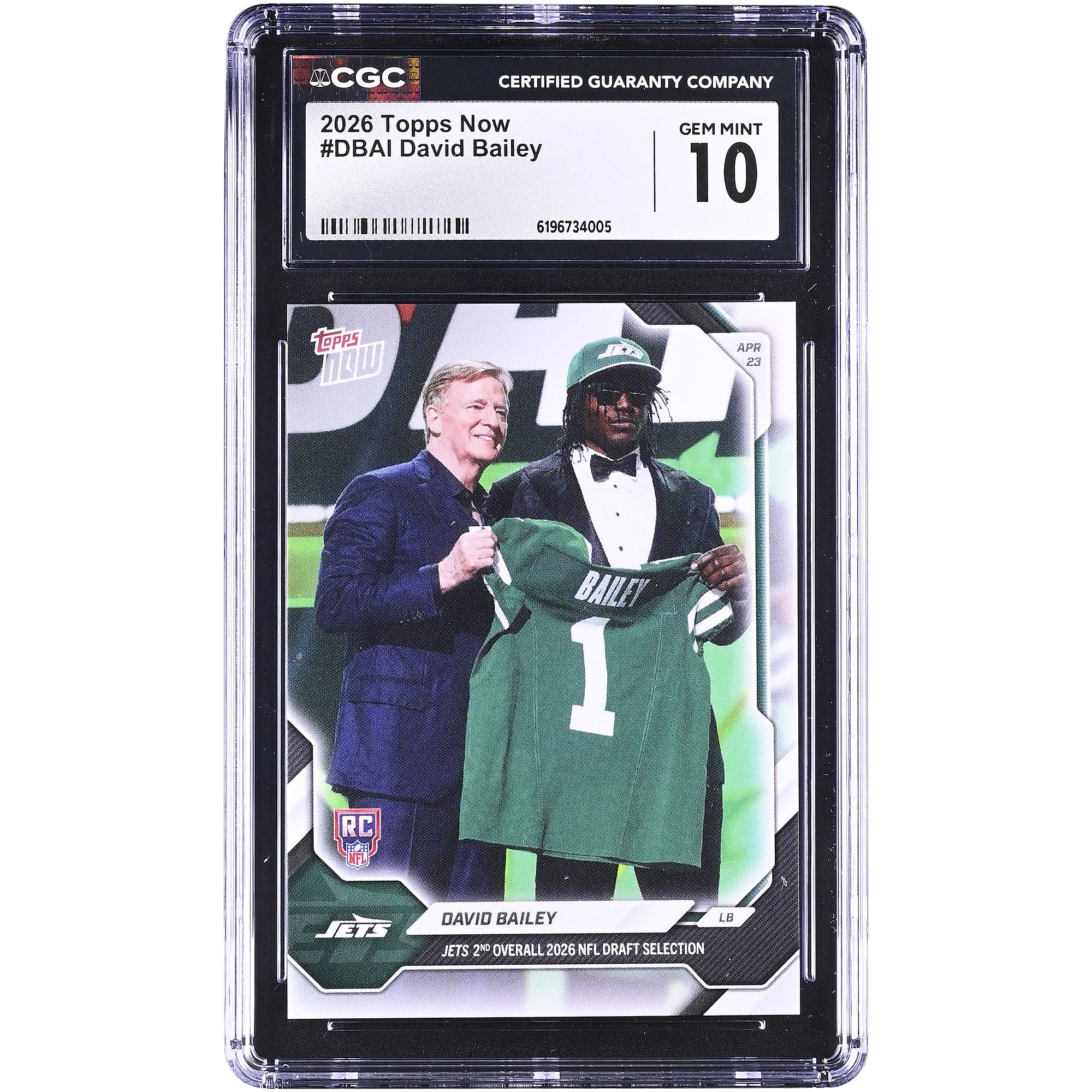 David Bailey New York Jets 2026 Topps Now Jets 2nd Overall '26 NFL Draft Selection #DBAI CGC Authenticated GEM MINT 10 Rookie Card