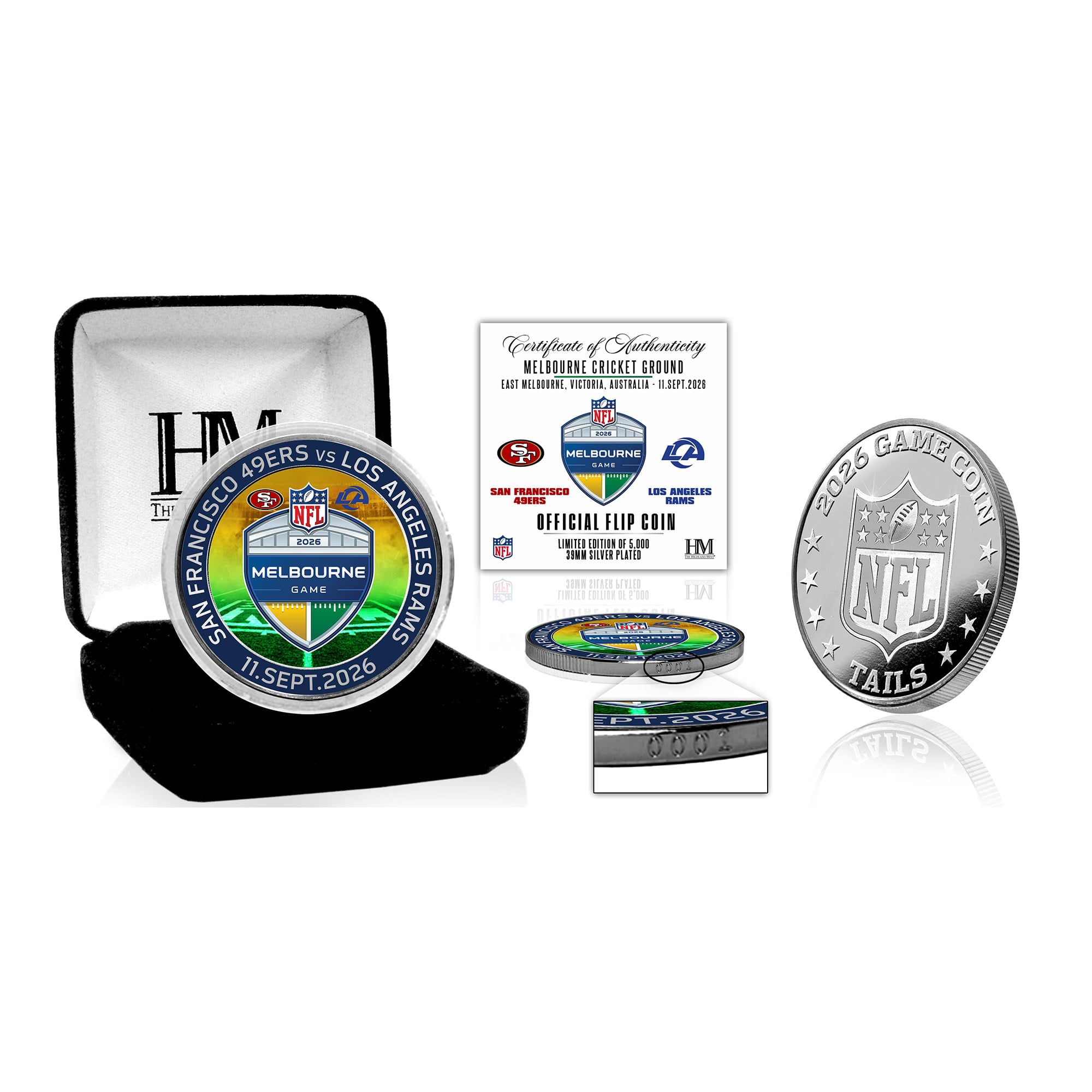 Highland Mint San Francisco 49ers vs. Los Angeles Rams Melbourne Limited-Edition 2026 International Games Color Silver-Plated Game Flip Coin