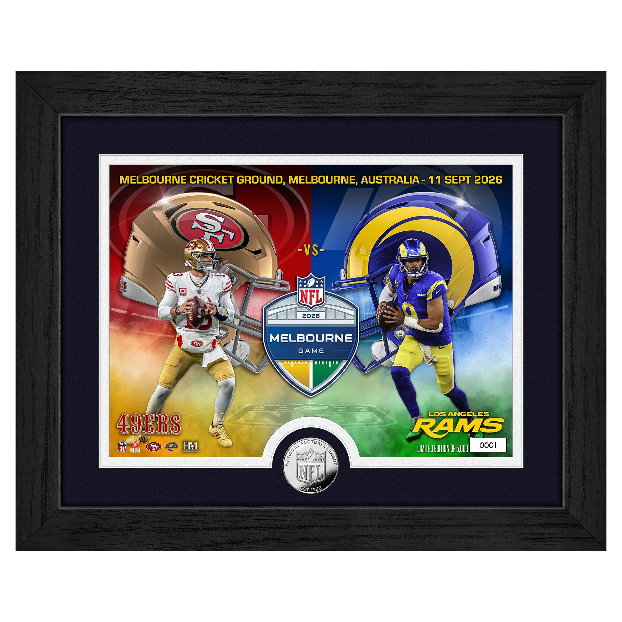 Highland Mint Brock Purdy & Matthew Stafford San Francisco 49ers vs. Los Angeles Rams Melbourne 2026 International Games Week 13" x 16" Silver Coin Photo Mint