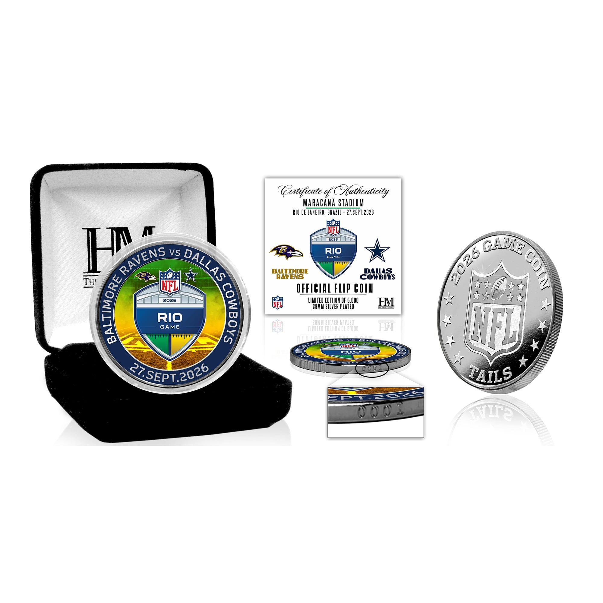 Highland Mint Baltimore Ravens vs. Dallas Cowboys Rio Limited-Edition 2026 International Games Color Silver-Plated Game Flip Coin