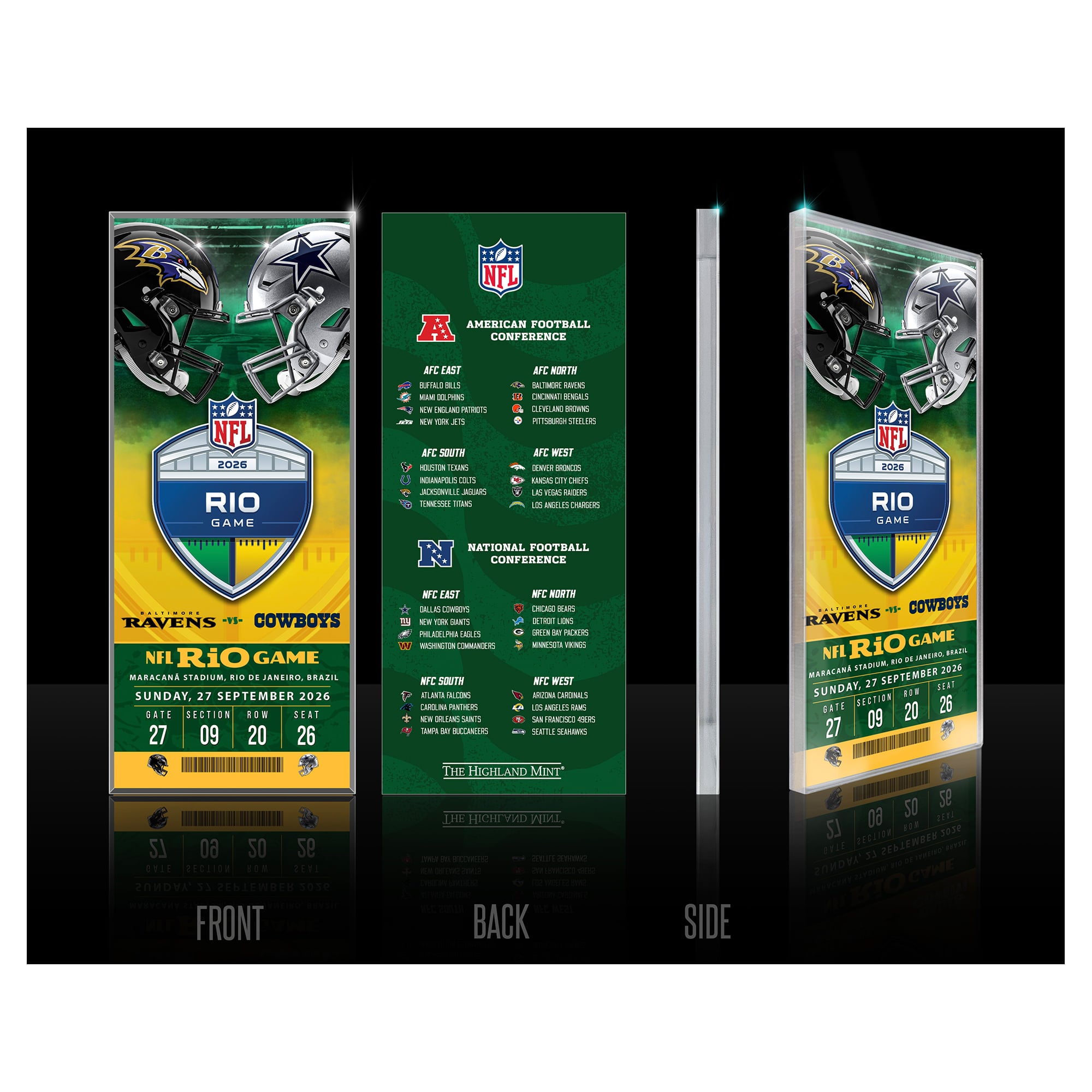 Highland Mint Baltimore Ravens vs. Dallas Cowboys Rio 2026 International Games Week Acrylic Ticket