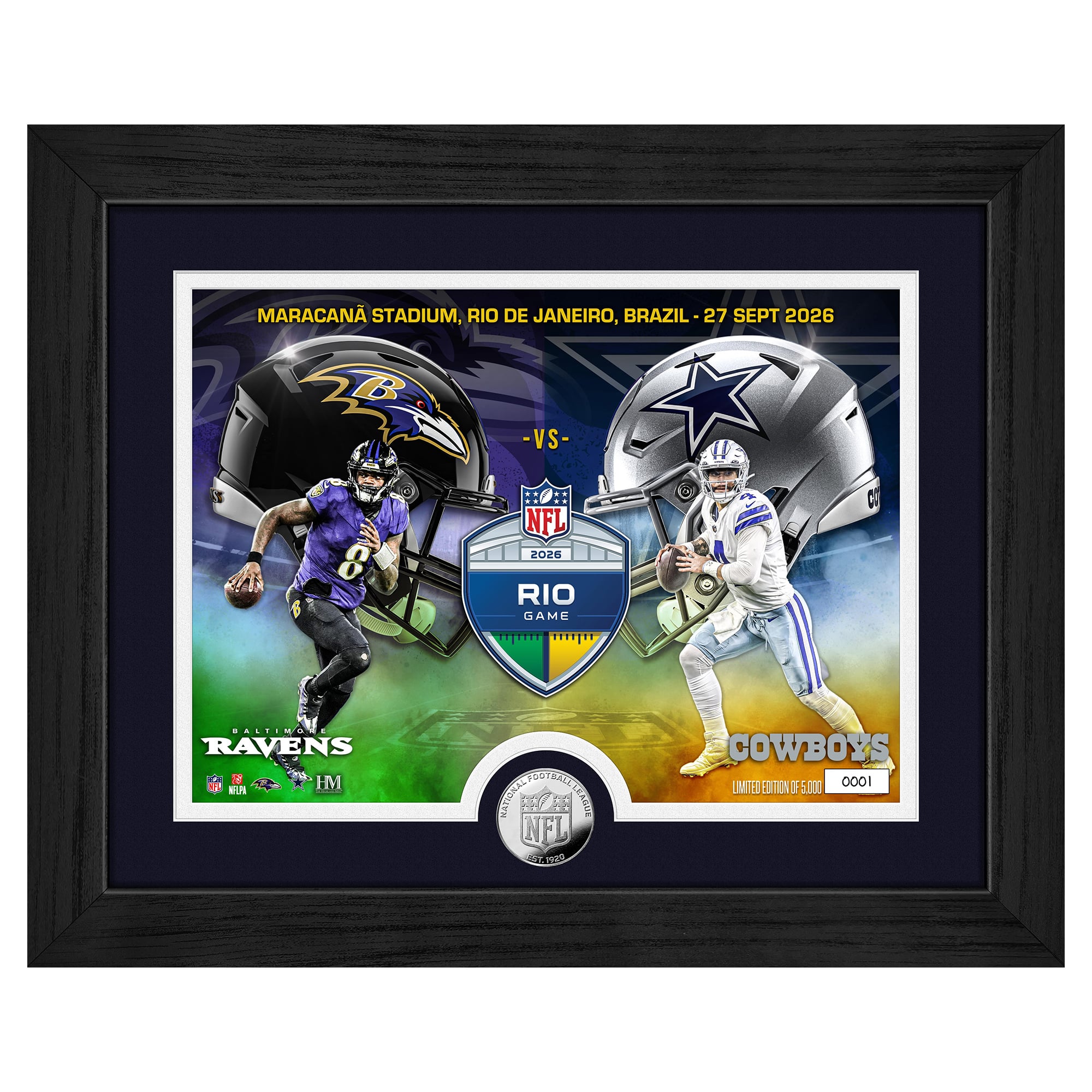 Highland Mint Lamar Jackson & Dak Prescott Baltimore Ravens vs. Dallas Cowboys Rio Limited-Edition 2026 International Games Week 13" x 16" Silver Coin Photo Mint