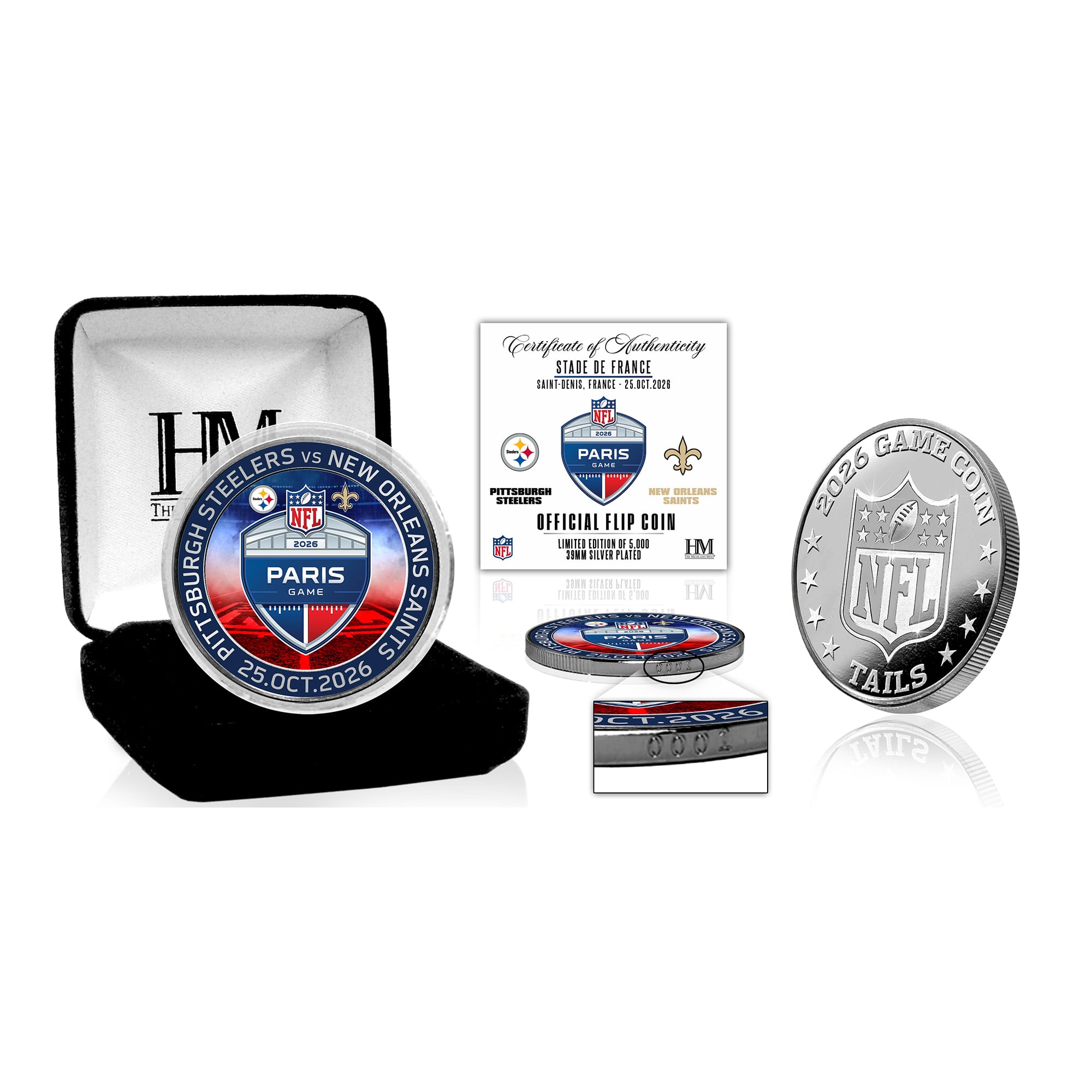 Highland Mint Pittsburgh Steelers vs. New Orleans Saints Paris Limited-Edition 2026 International Games Color Silver-Plated Game Flip Coin