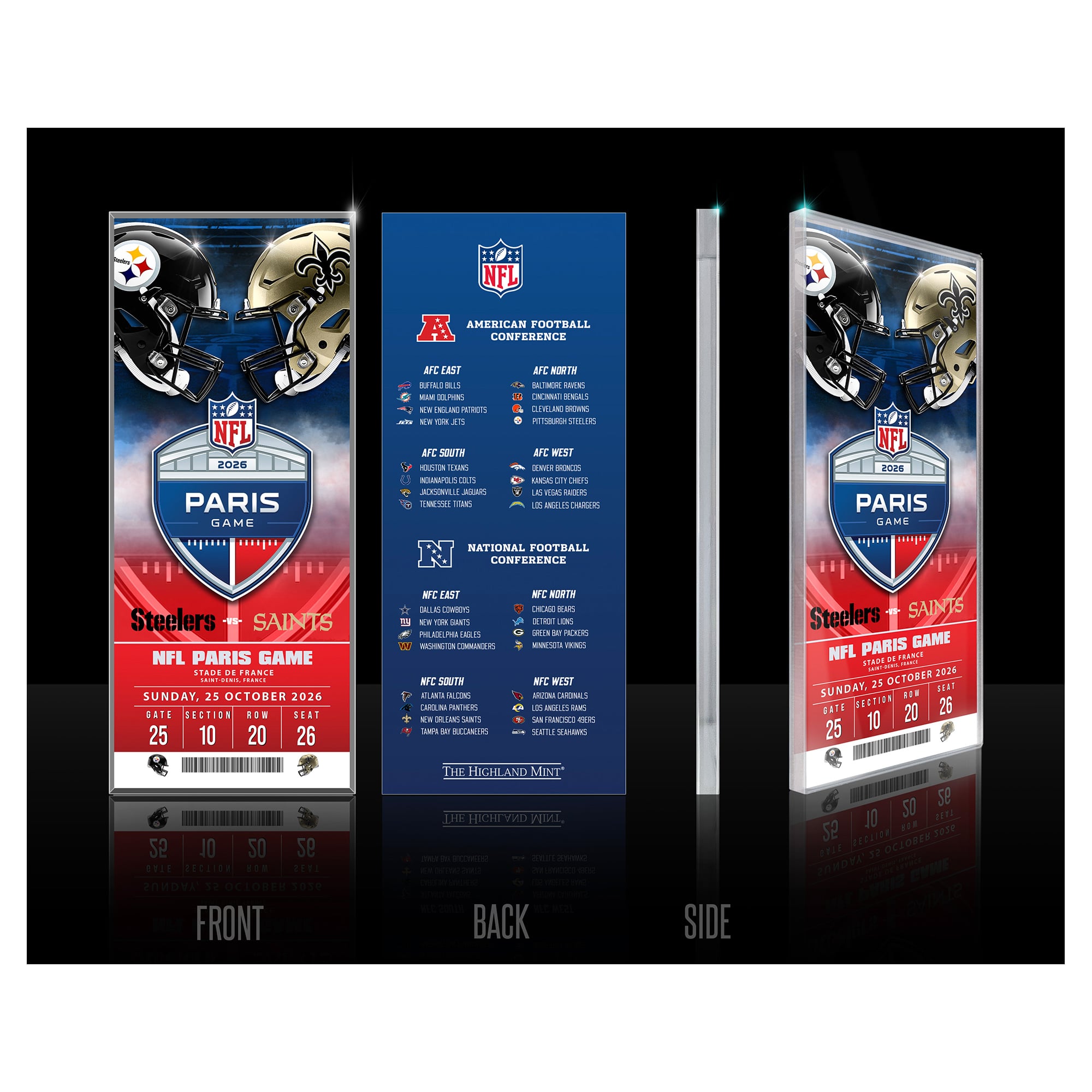 Highland Mint Pittsburgh Steelers vs. New Orleans Saints Paris 2026 International Games Week Acrylic Ticket