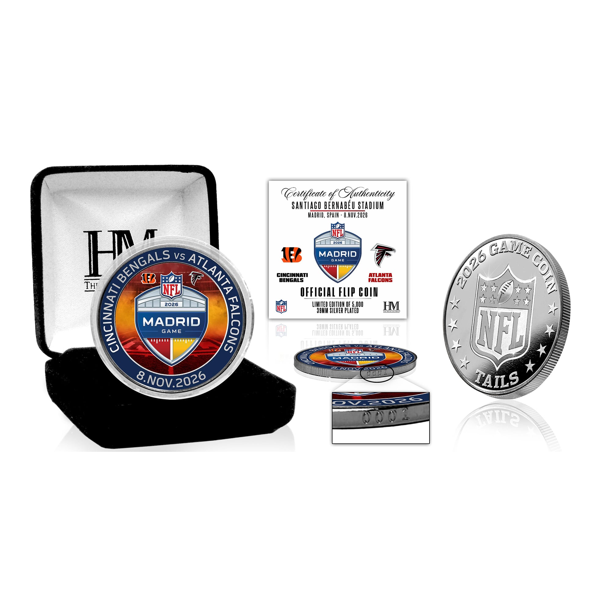 Highland Mint Cincinnati Bengals vs. Atlanta Falcons Madrid Limited-Edition 2026 International Games Color Silver-Plated Game Flip Coin