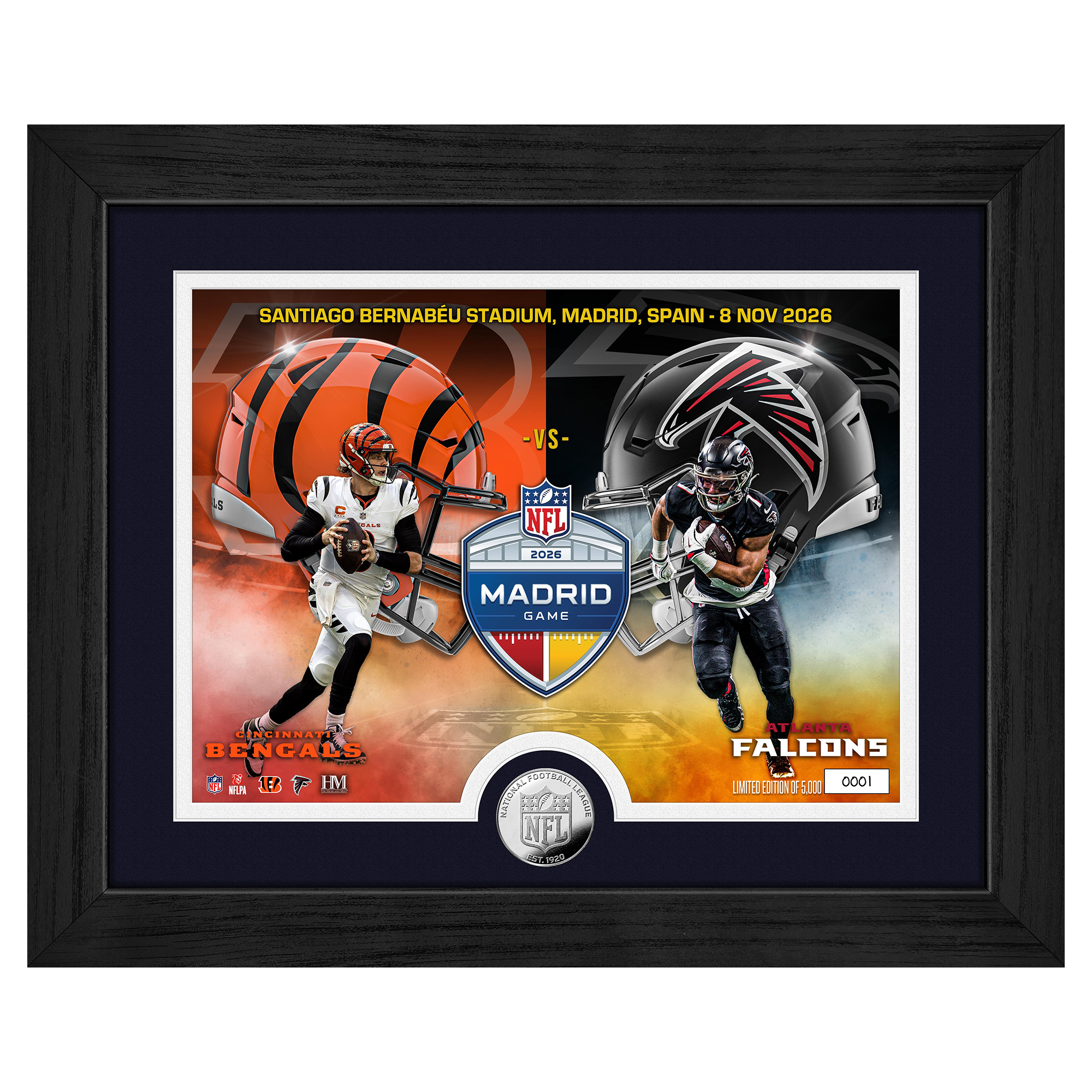 Highland Mint Bijan Robinson & Joe Burrow Cincinnati Bengals vs. Atlanta Falcons Madrid 2026 International Games Week 13" x 16" Silver Coin Photo Mint