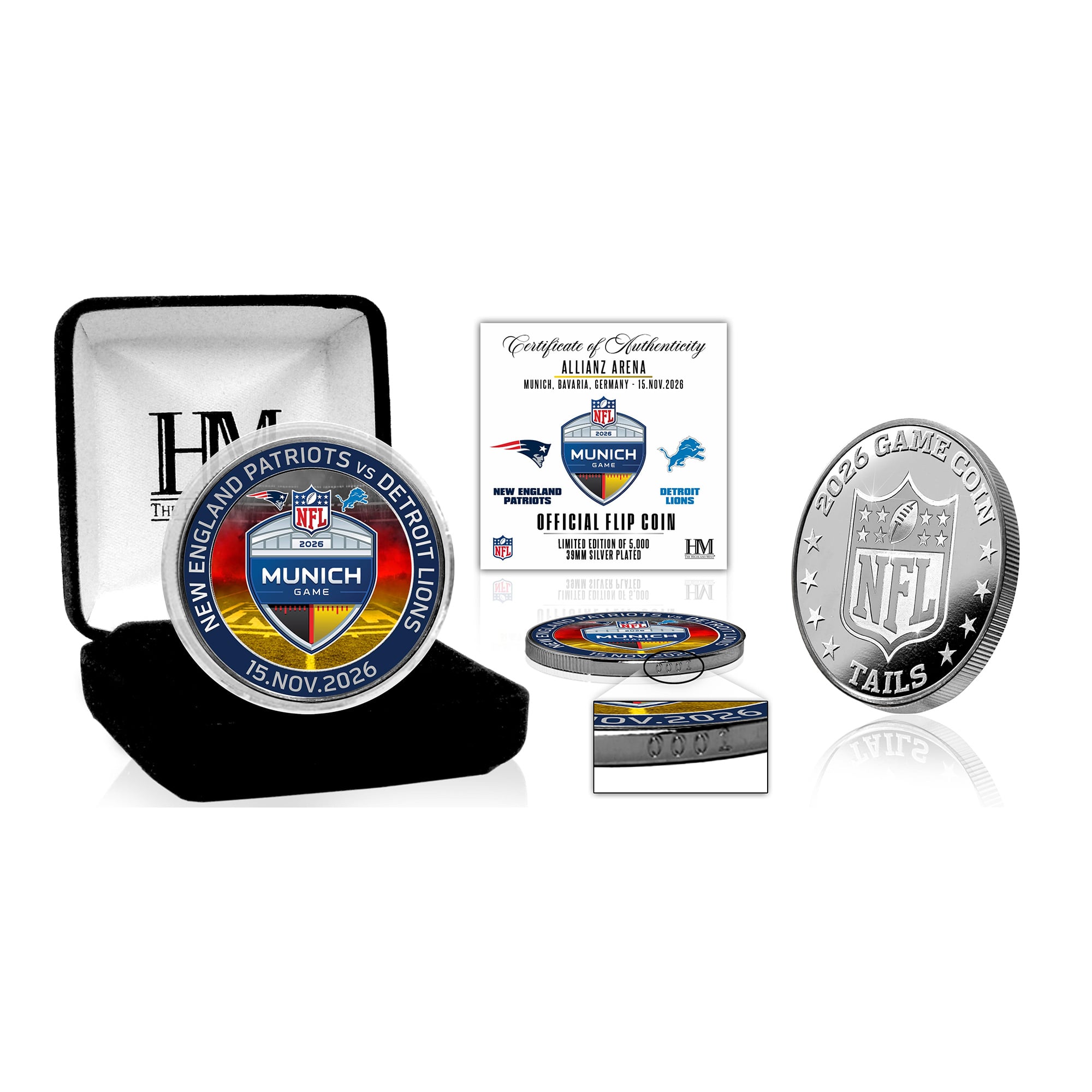 Highland Mint New England Patriots vs. Detroit Lions Munich Limited-Edition 2026 International Games Color Silver-Plated Game Flip Coin