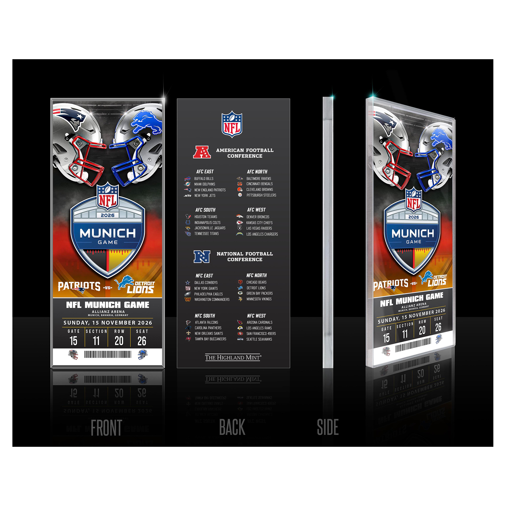 Highland Mint New England Patriots vs. Detroit Lions Munich 2026 International Games Week Acrylic Ticket