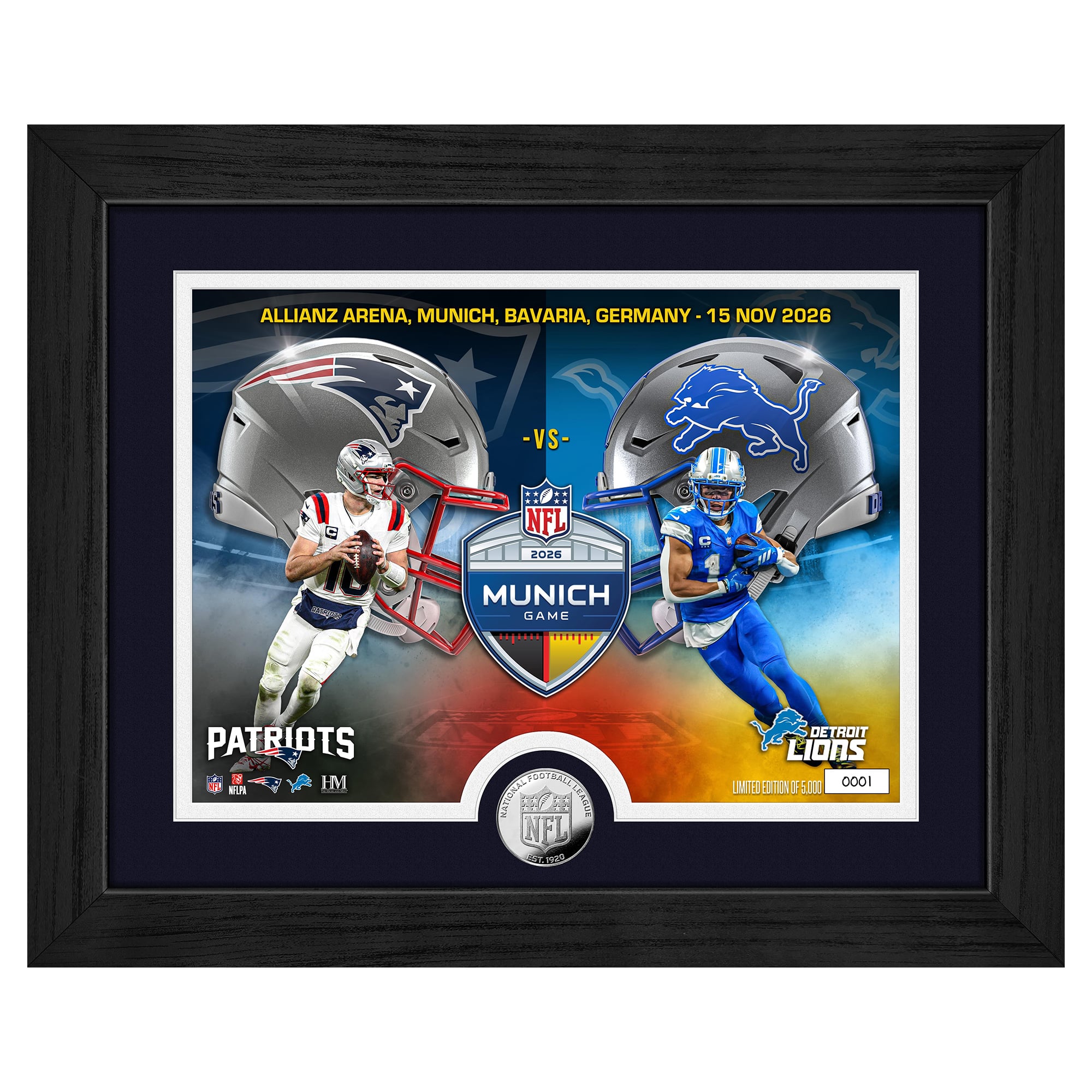 Highland Mint Drake Maye & Amon-Ra St. Brown New England Patriots vs. Detroit Lions Munich 2026 International Games Week 13" x 16" Silver Coin Photo Mint
