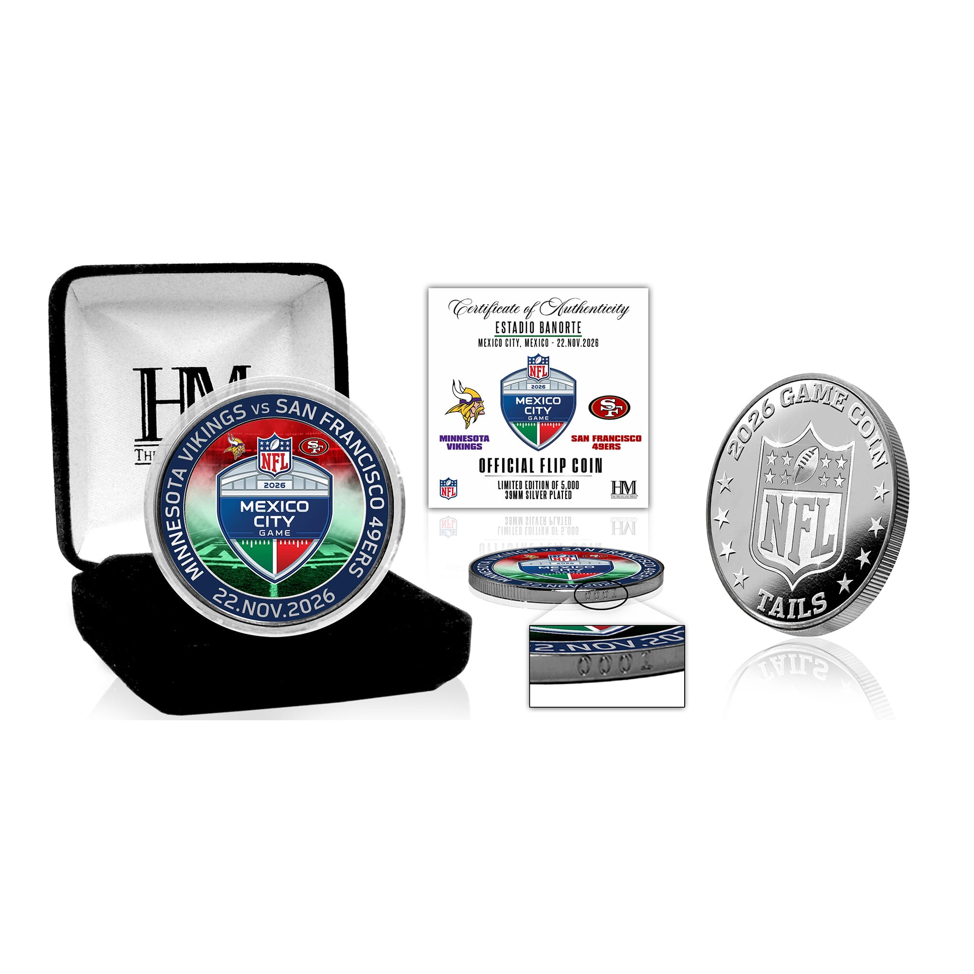 Highland Mint Minnesota Vikings vs. San Francisco 49ers Mexico Limited-Edition 2026 International Games Color Silver-Plated Game Flip Coin