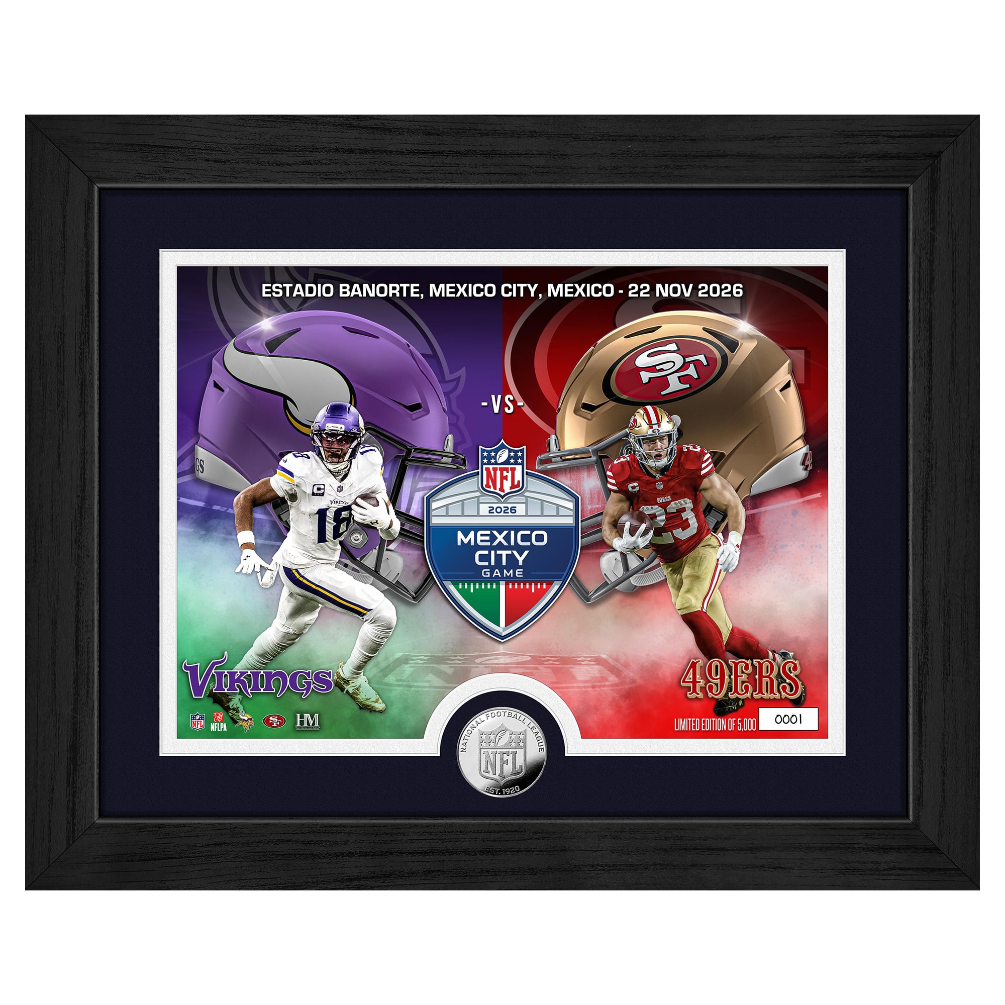 Highland Mint Justin Jefferson & Christian McCaffrey Minnesota Vikings vs. San Francisco 49ers Mexico 2026 International Games Week 13" x 16" Silver Coin Photo Mint