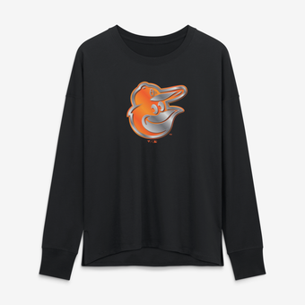 Women's Black Baltimore Orioles Metallic Mascot Long Sleeve T-Shirt