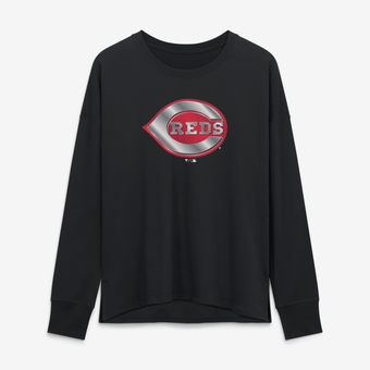 Women's Black Cincinnati Reds Metallic Mascot Long Sleeve T-Shirt