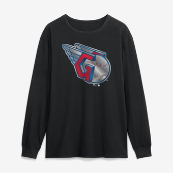 Men's Black Cleveland Guardians  Metallic Mascot Long Sleeve T-Shirt