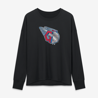 Women's Black Cleveland Guardians Metallic Mascot Long Sleeve T-Shirt