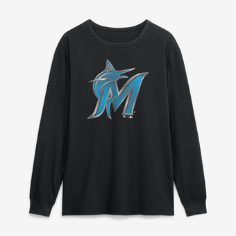 Men's Black Miami Marlins  Metallic Mascot Long Sleeve T-Shirt