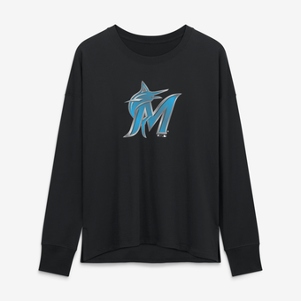 Women's Black Miami Marlins Metallic Mascot Long Sleeve T-Shirt