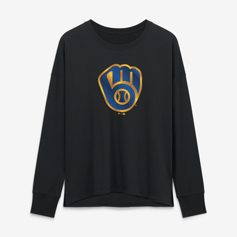 Women's Black Milwaukee Brewers Metallic Mascot Long Sleeve T-Shirt