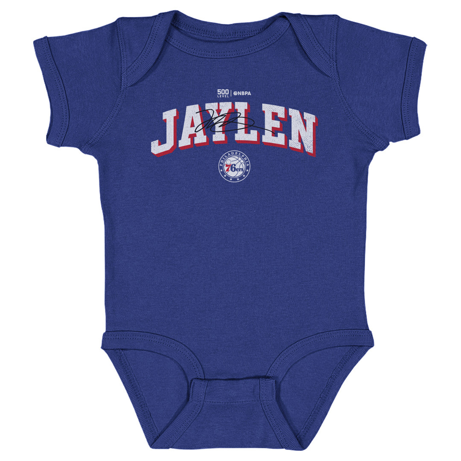 Infant 500 Level Jaylen Brown Royal Philadelphia 76ers Team Font Bodysuit