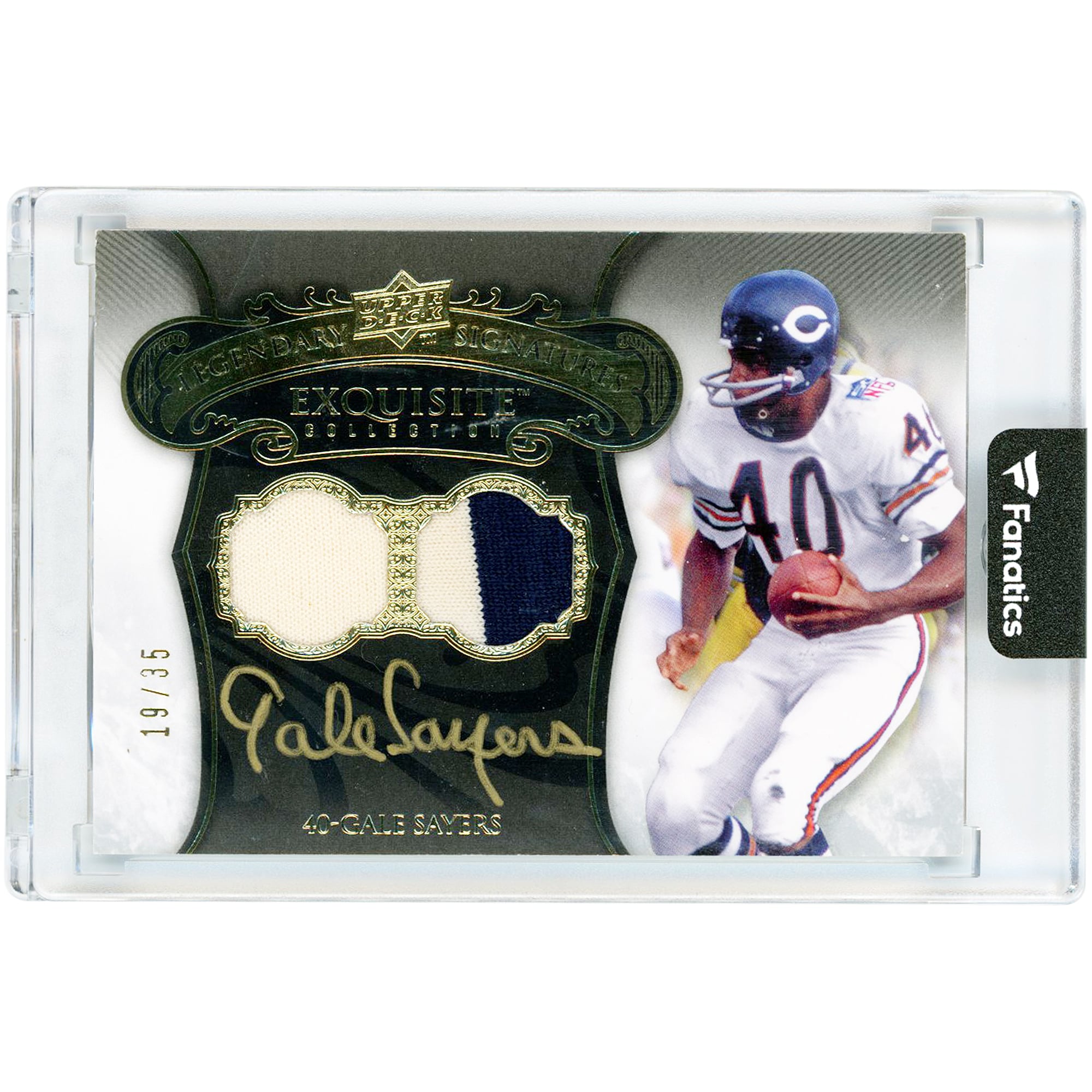 Tarjeta autografiada de Gale Sayers de los Chicago Bears, colección Upper Deck Exquisite 2008, firmas legendarias, tinta dorada, reliquias usadas en juego de dos colores #EGSJ-GS #19/35