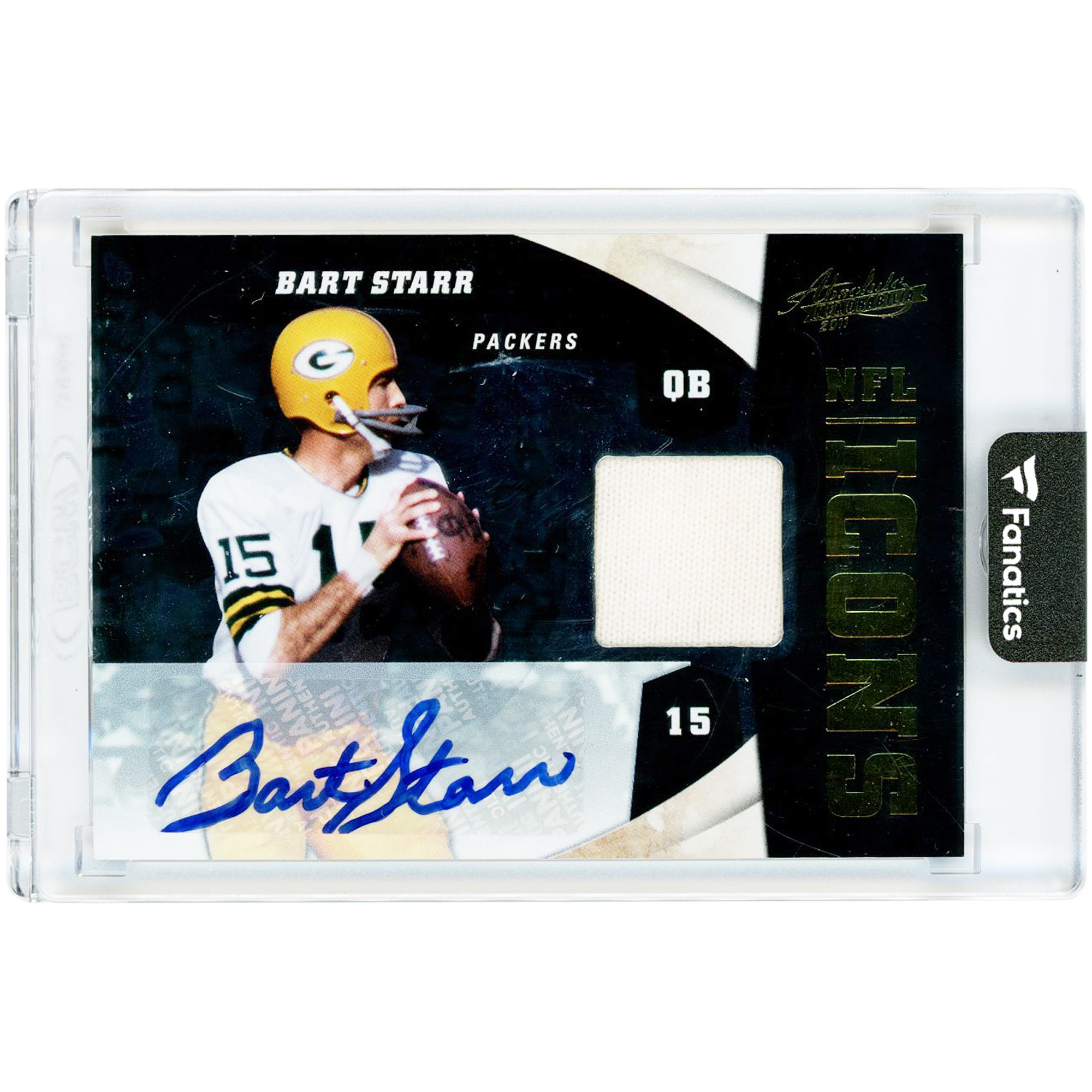 Tarjeta autografiada de Bart Starr de los Green Bay Packers de 2011, Panini Absolute Memorabilia NFL Icons, camiseta usada en juego, reliquia n.° 21 n.° 2/25