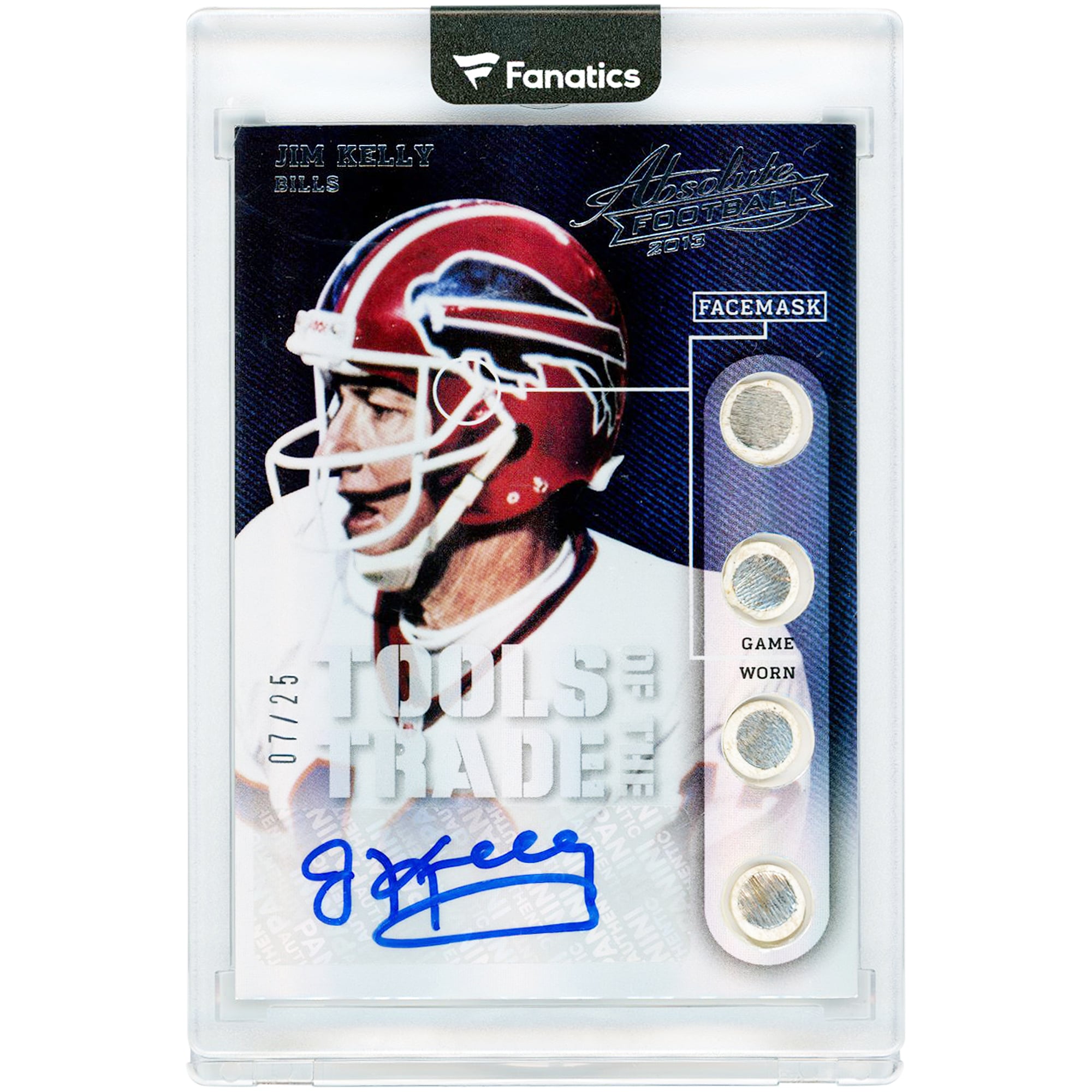 Jim Kelly Buffalo Bills Autographed 2013 Panini Absolute Tools Of The Trade Game Worn Face Mask Relics #11 #7/25 Card