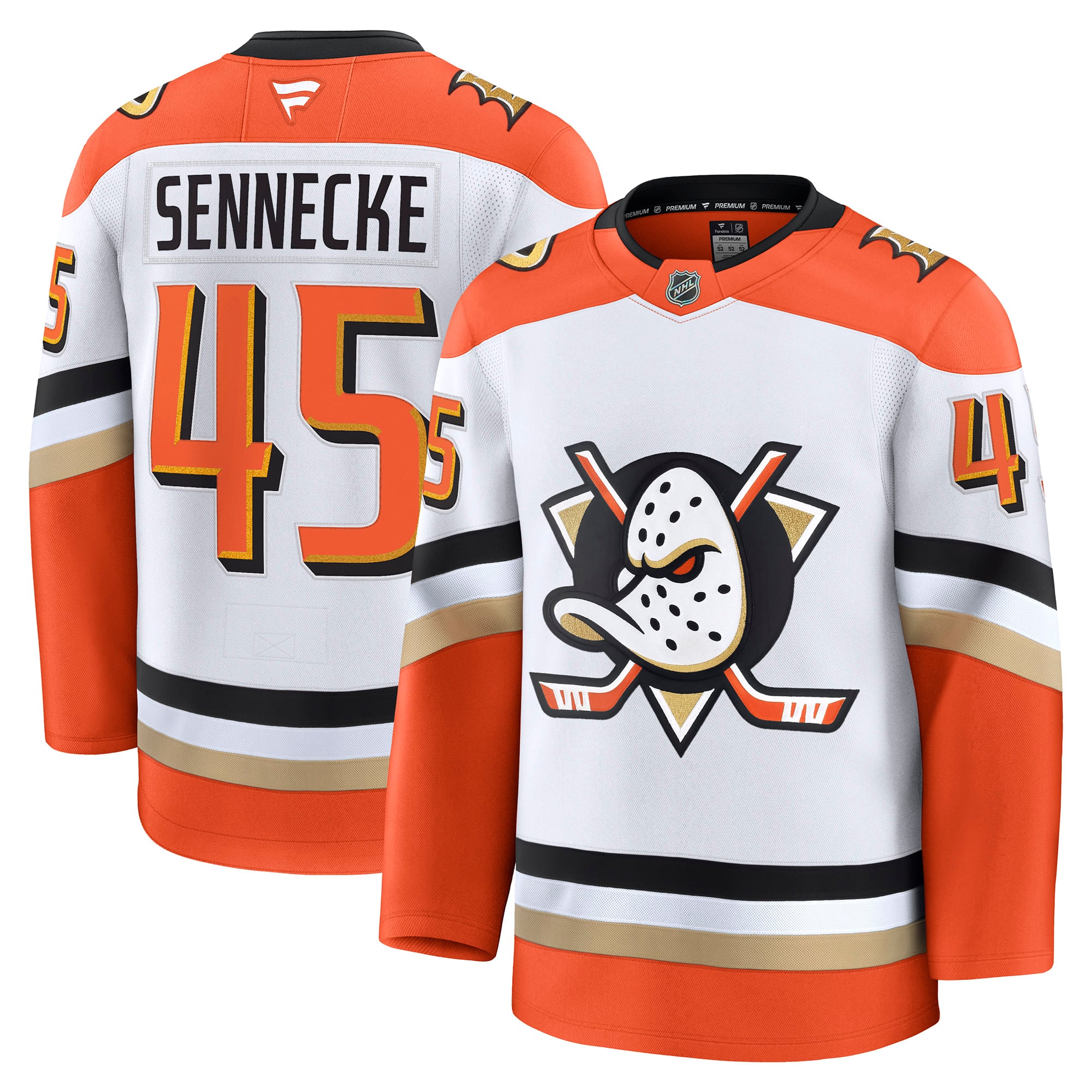 Anaheim Ducks Fanatics Away Premium Jersey - White - Beckett Sennecke - Mens: retailer-supplied image